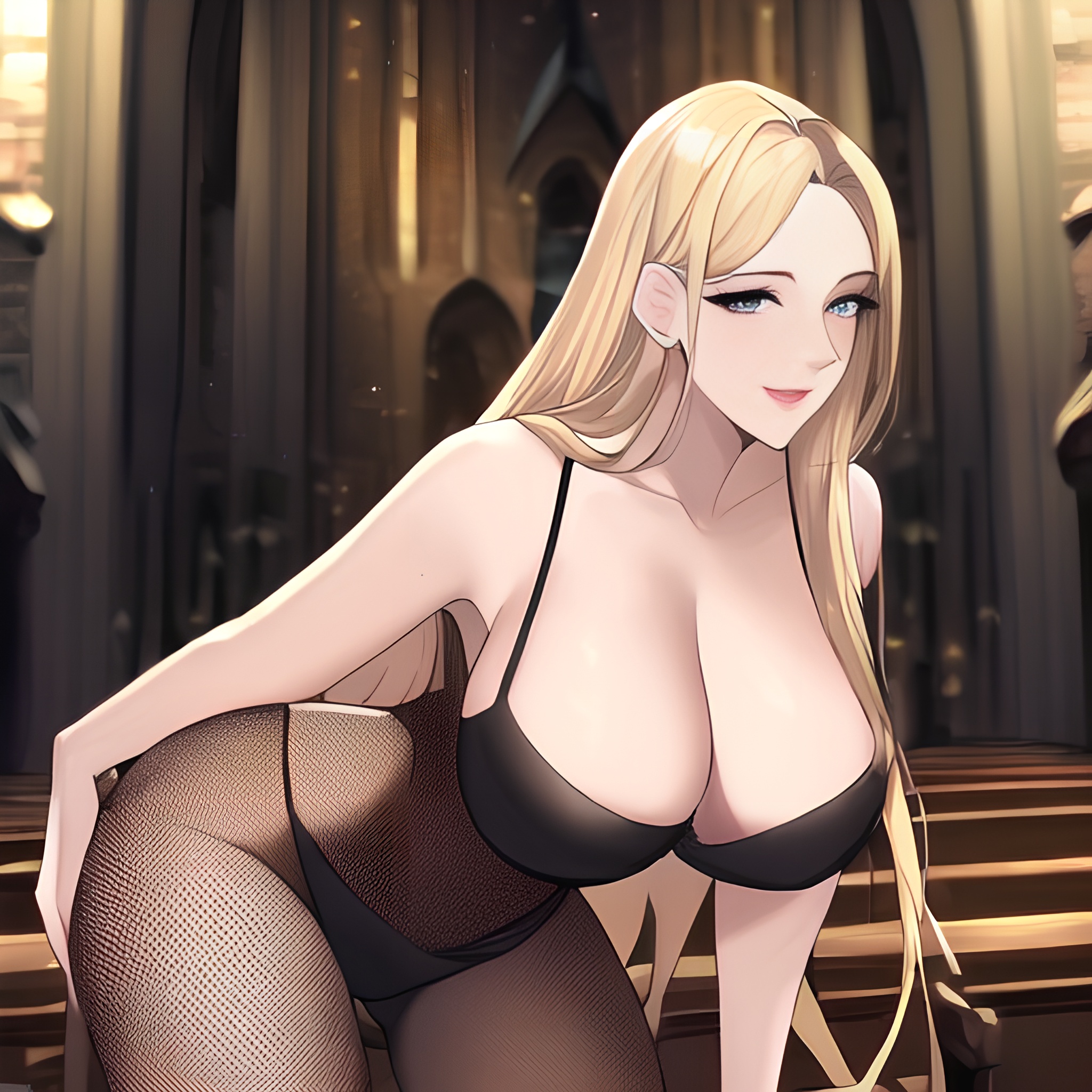 blonde front view church fishnet long hair woman small boobs nude 