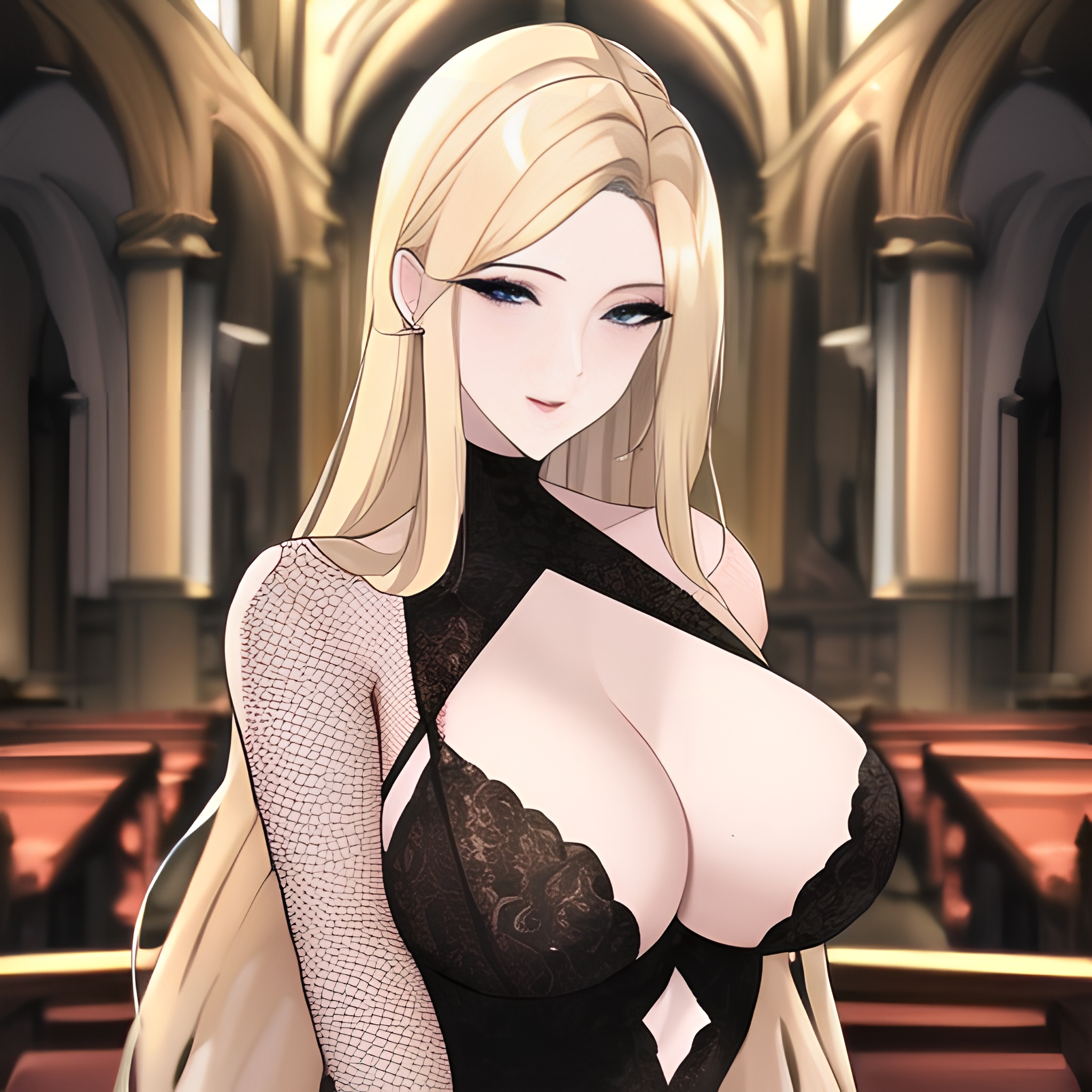 blonde front view church fishnet nude small boobs woman long hair 