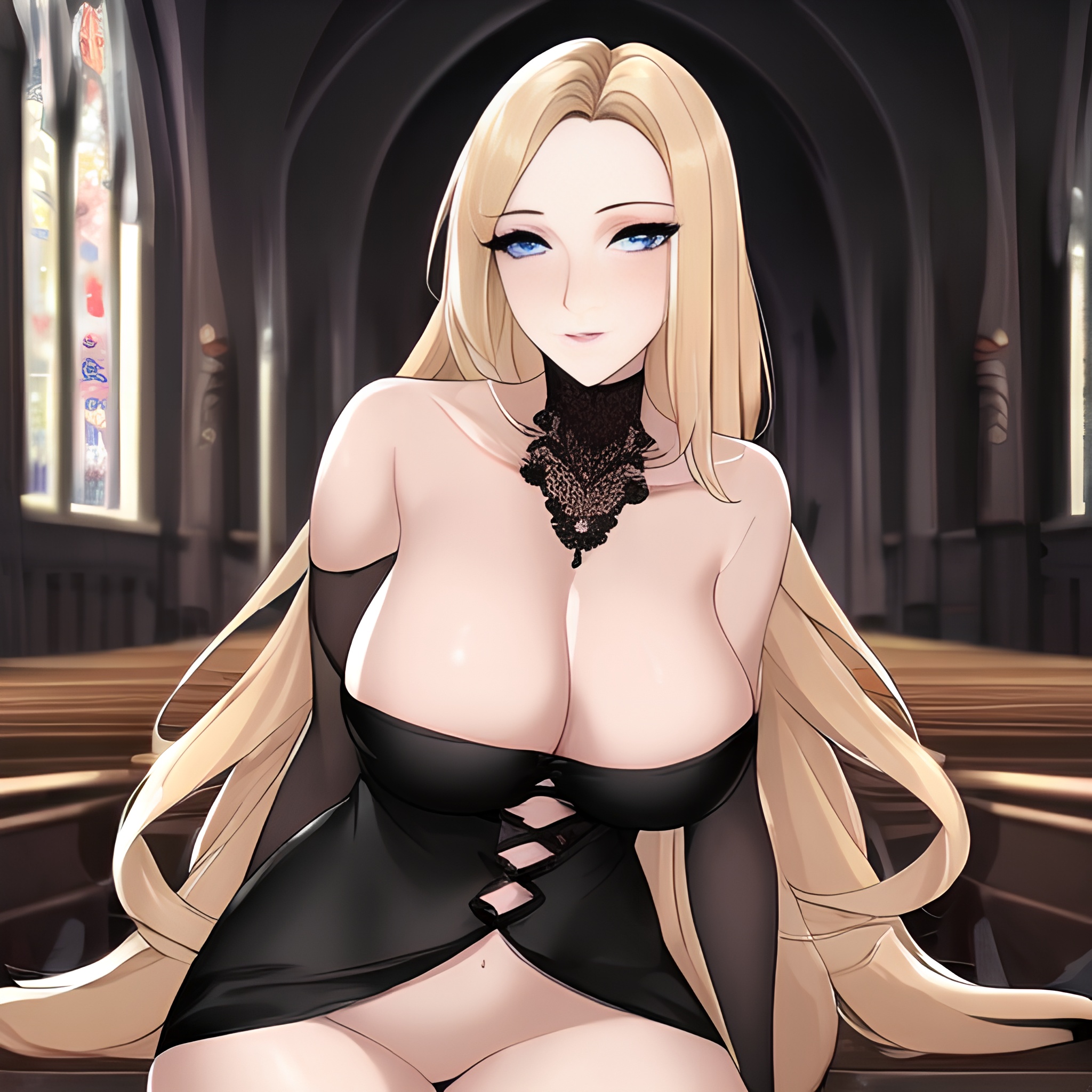 blonde front view church long hair fishnet small boobs woman nude 