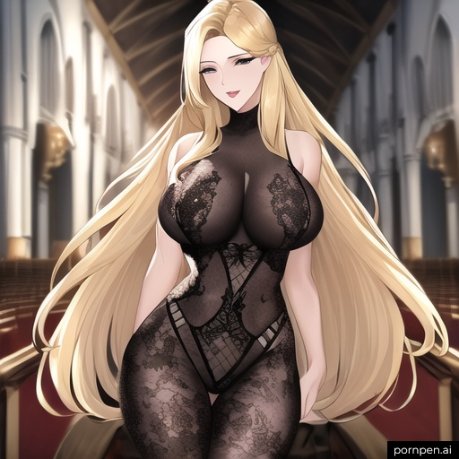 blonde front view church woman fishnet long hair small boobs nude 