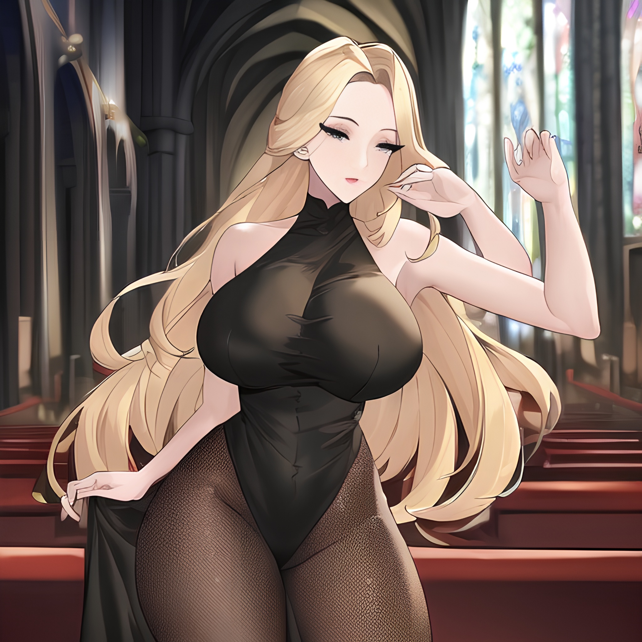 blonde front view fishnet church nude woman small boobs long hair 