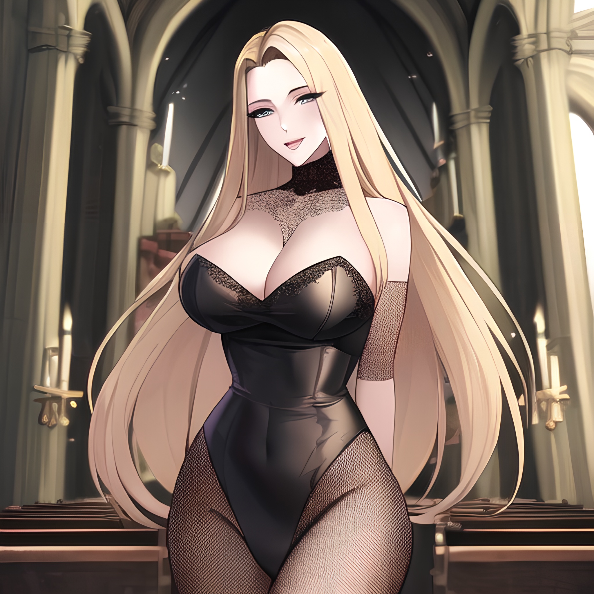 blonde front view fishnet long hair small boobs woman nude church 