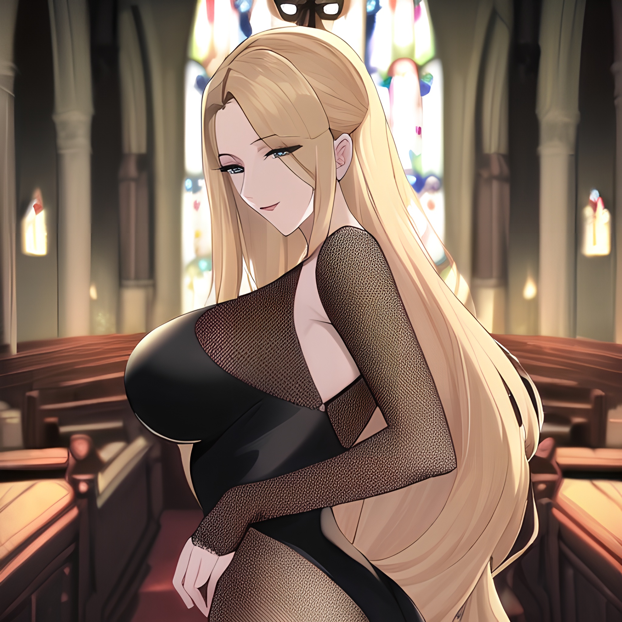 blonde front view fishnet long hair woman church small boobs nude 