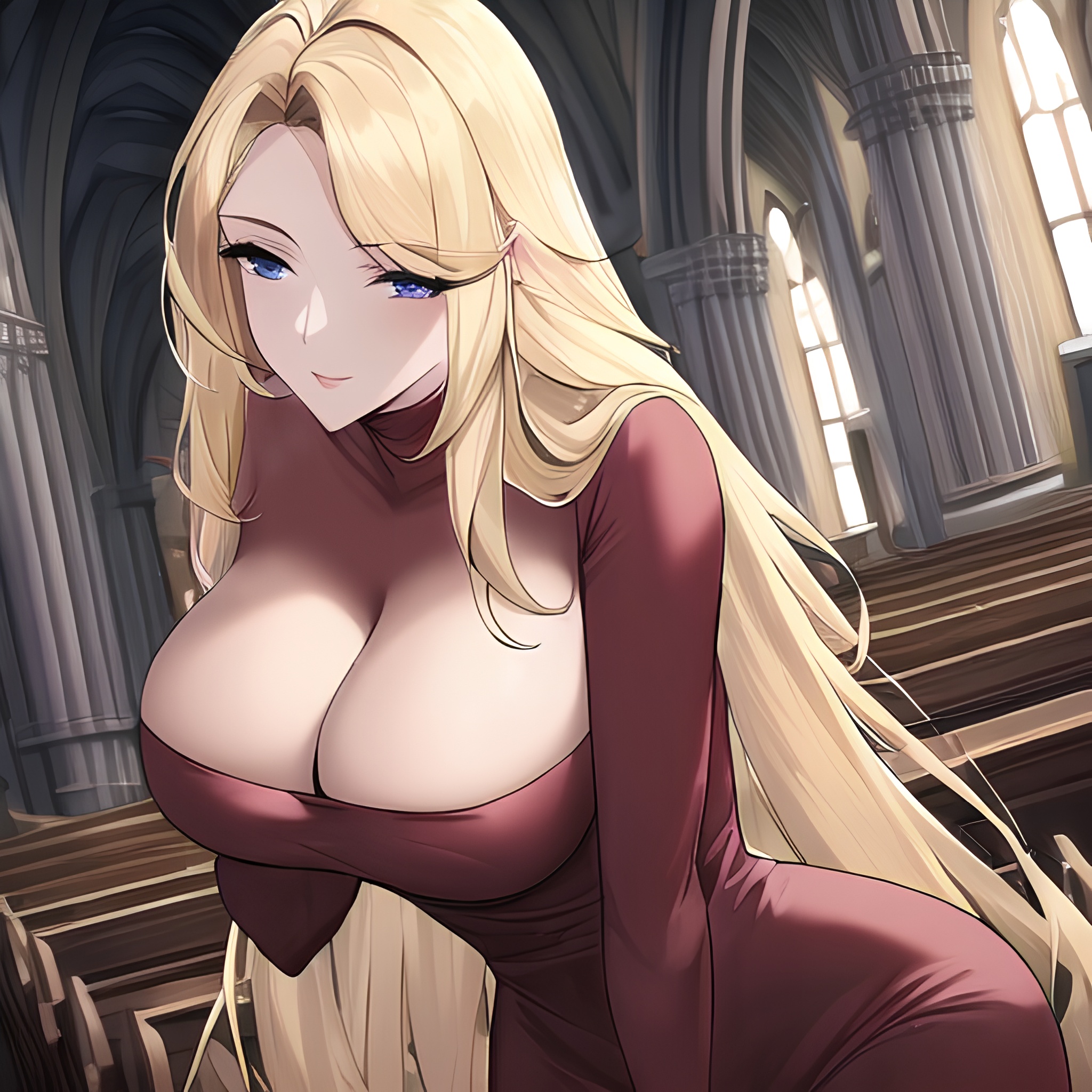 blonde front view fishnet small boobs church woman nude long hair 