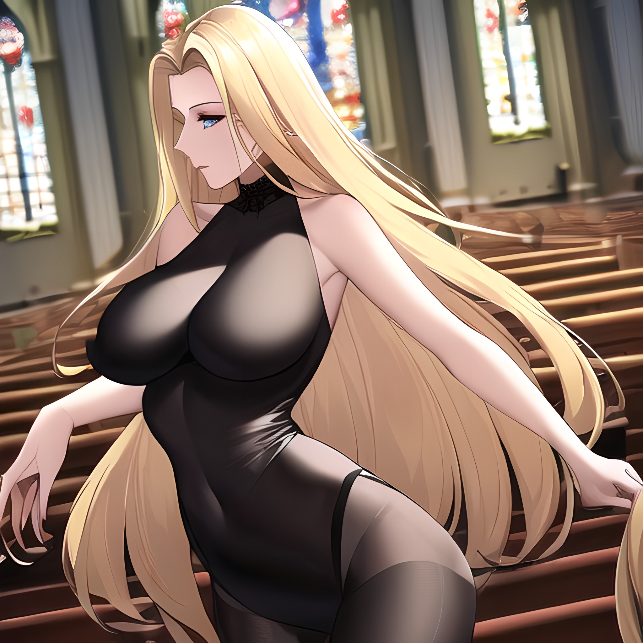 blonde front view long hair church fishnet nude woman small boobs