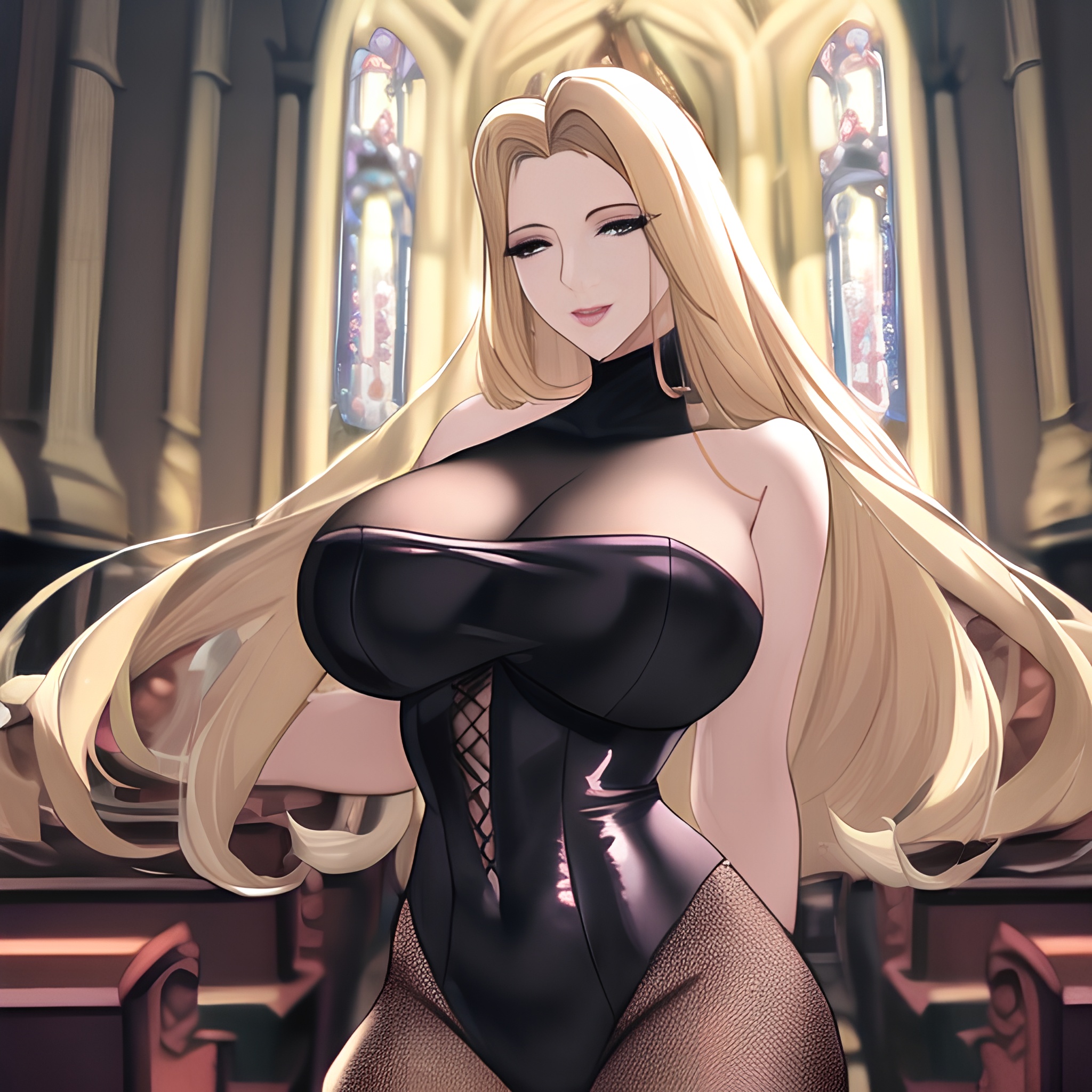 blonde front view long hair church small boobs woman nude fishnet 