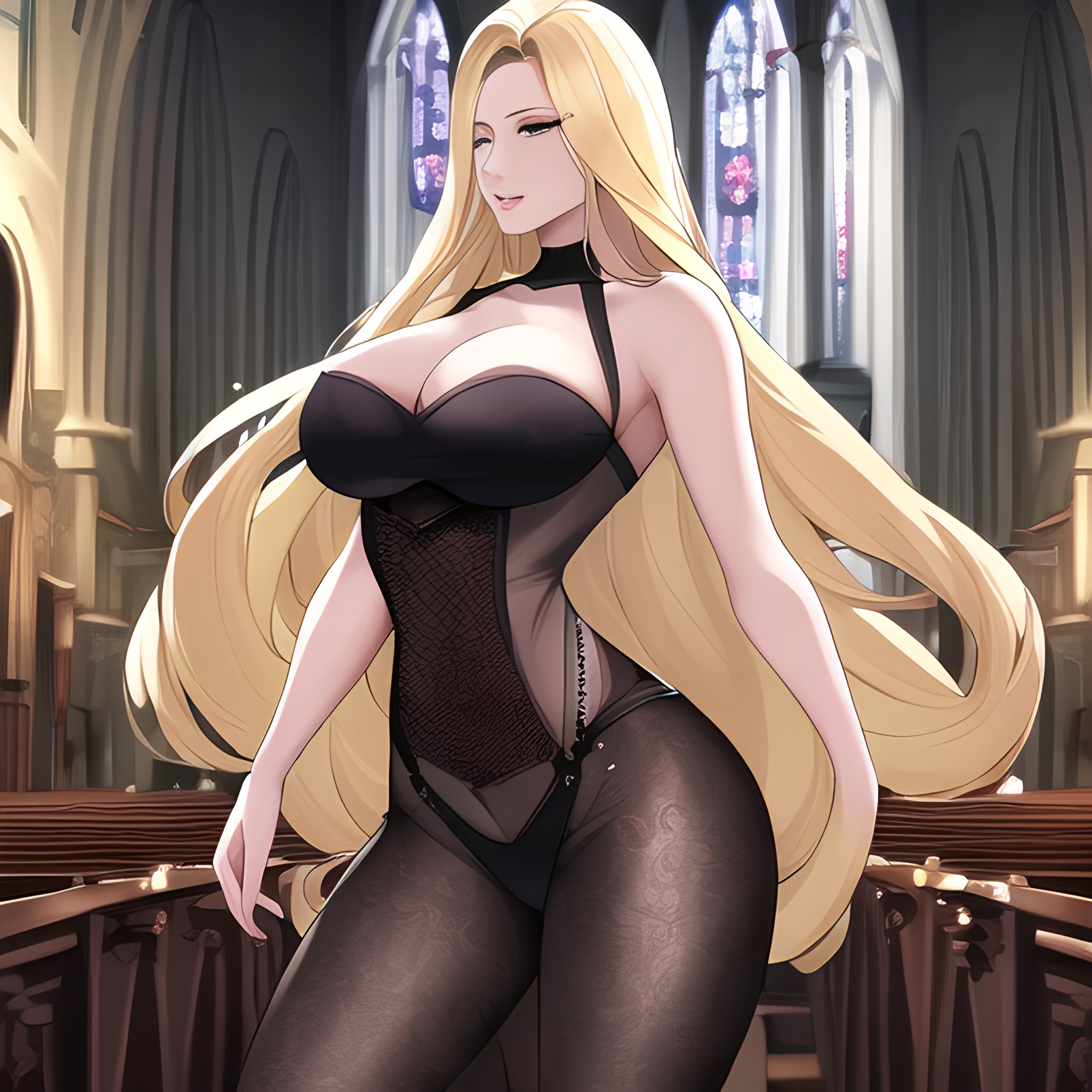 blonde front view long hair small boobs fishnet woman church nude 