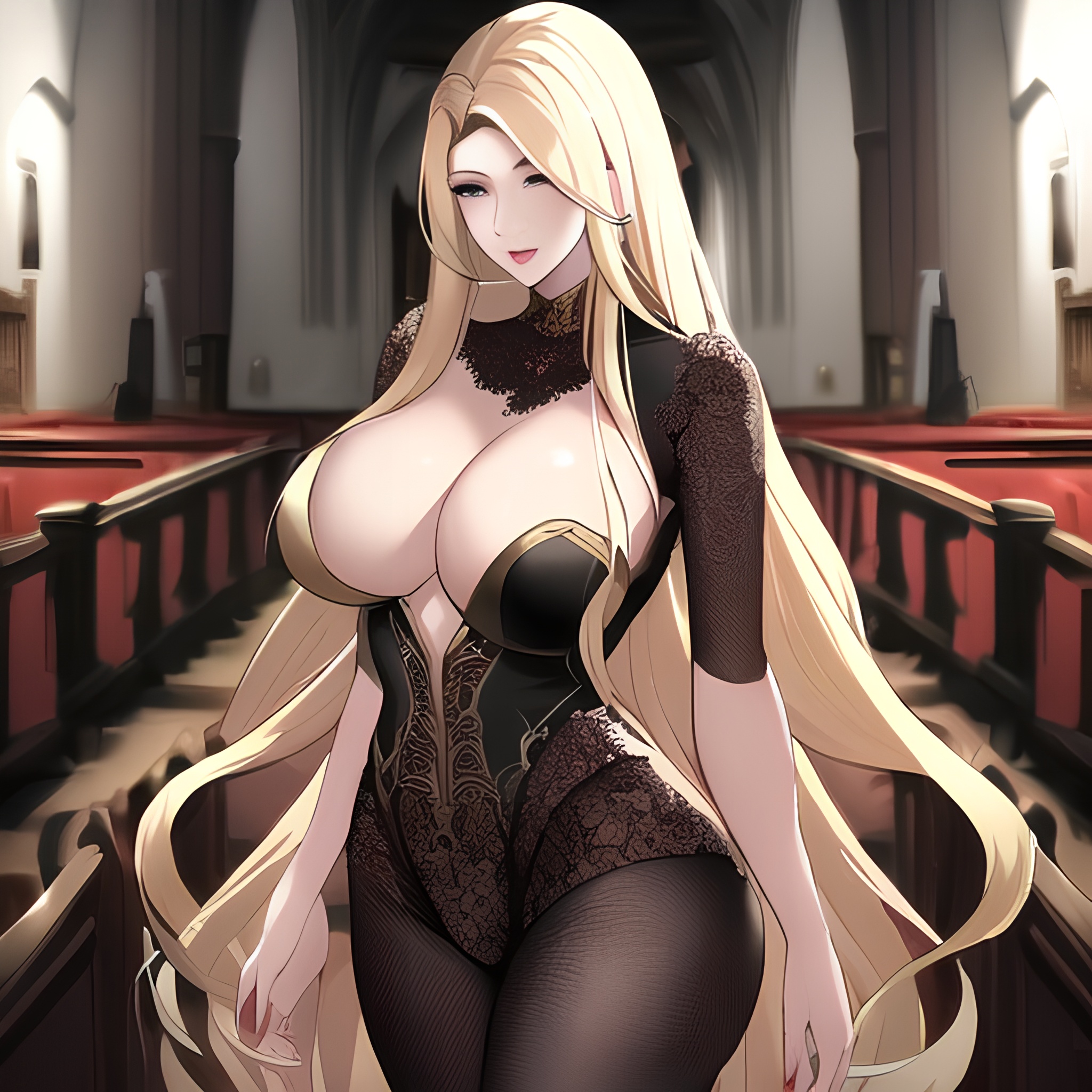 blonde front view long hair small boobs fishnet woman nude church 