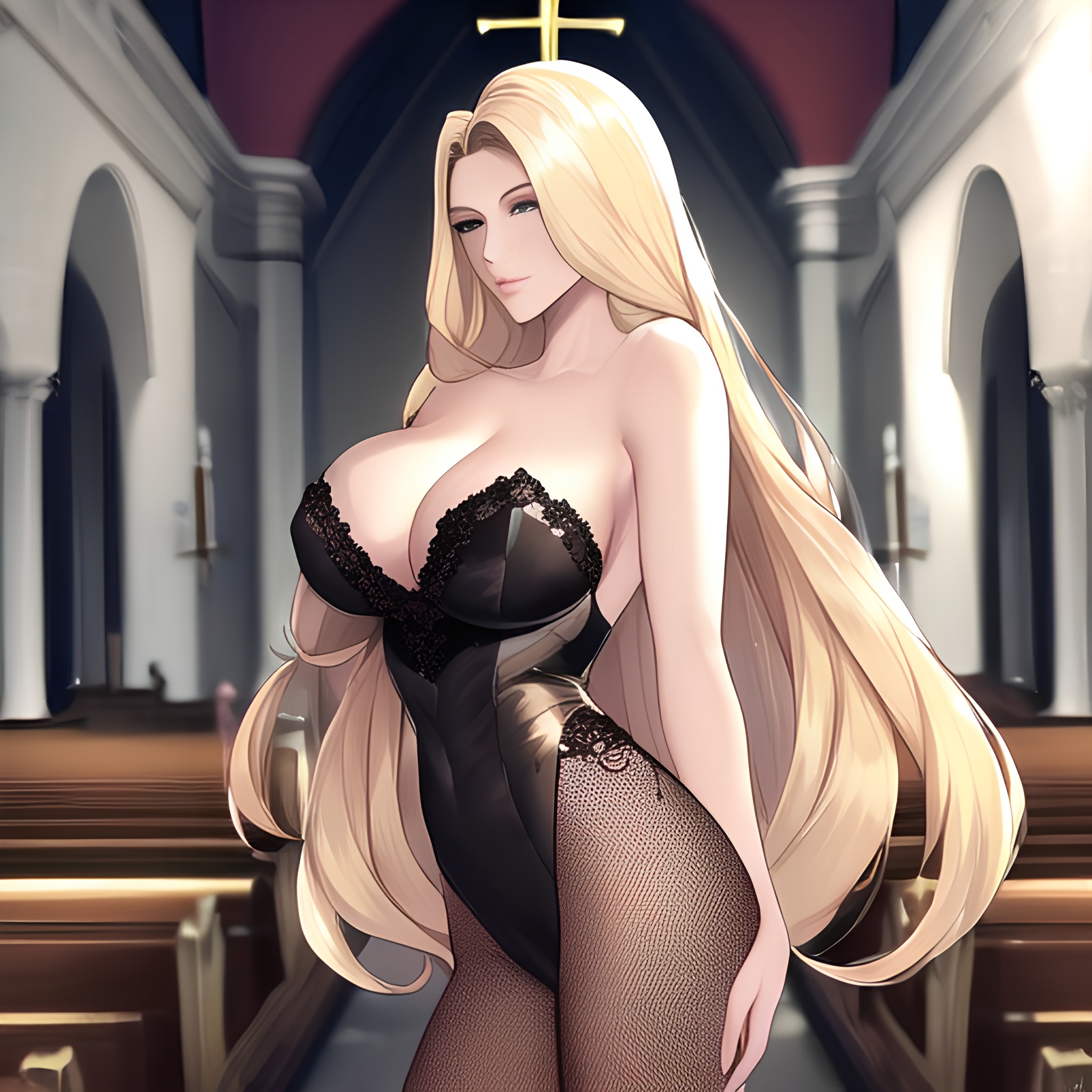 blonde front view nude fishnet long hair small boobs church woman 