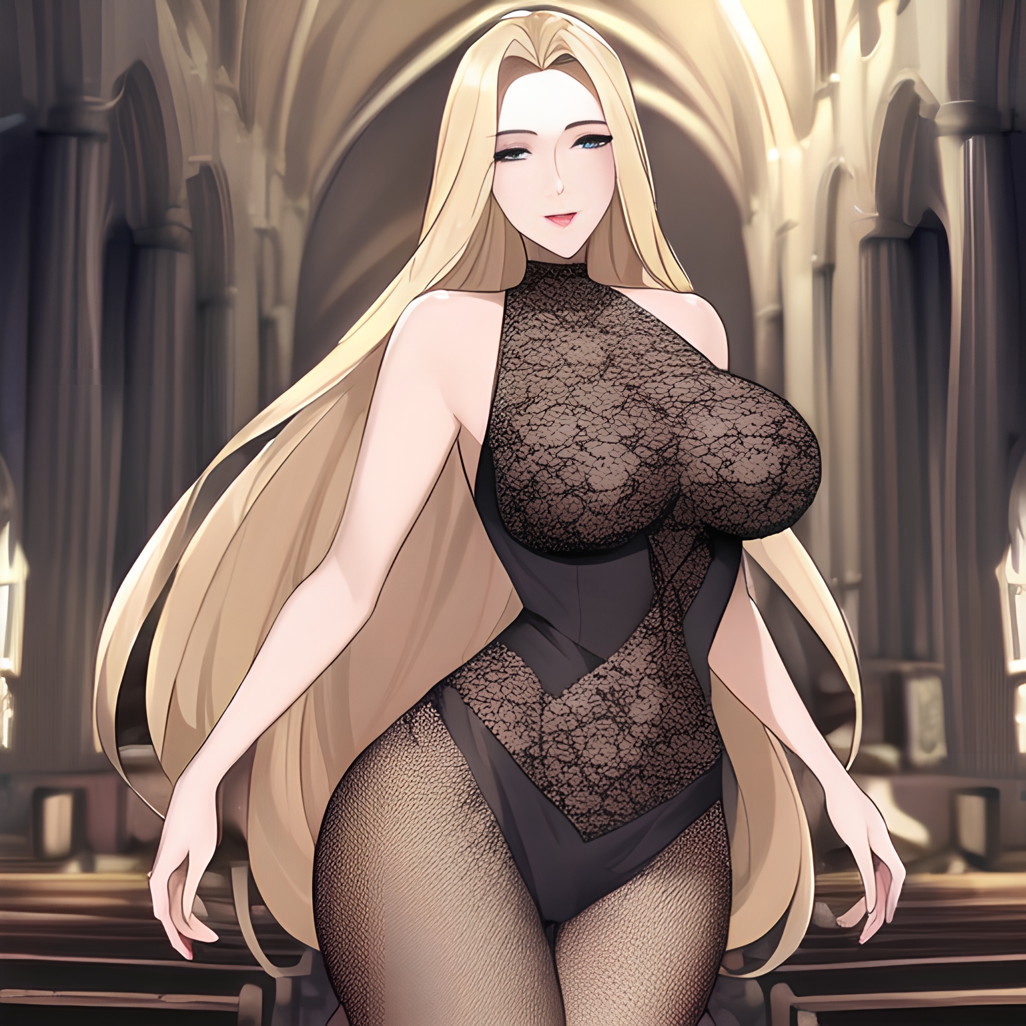 blonde front view nude small boobs long hair church fishnet woman 