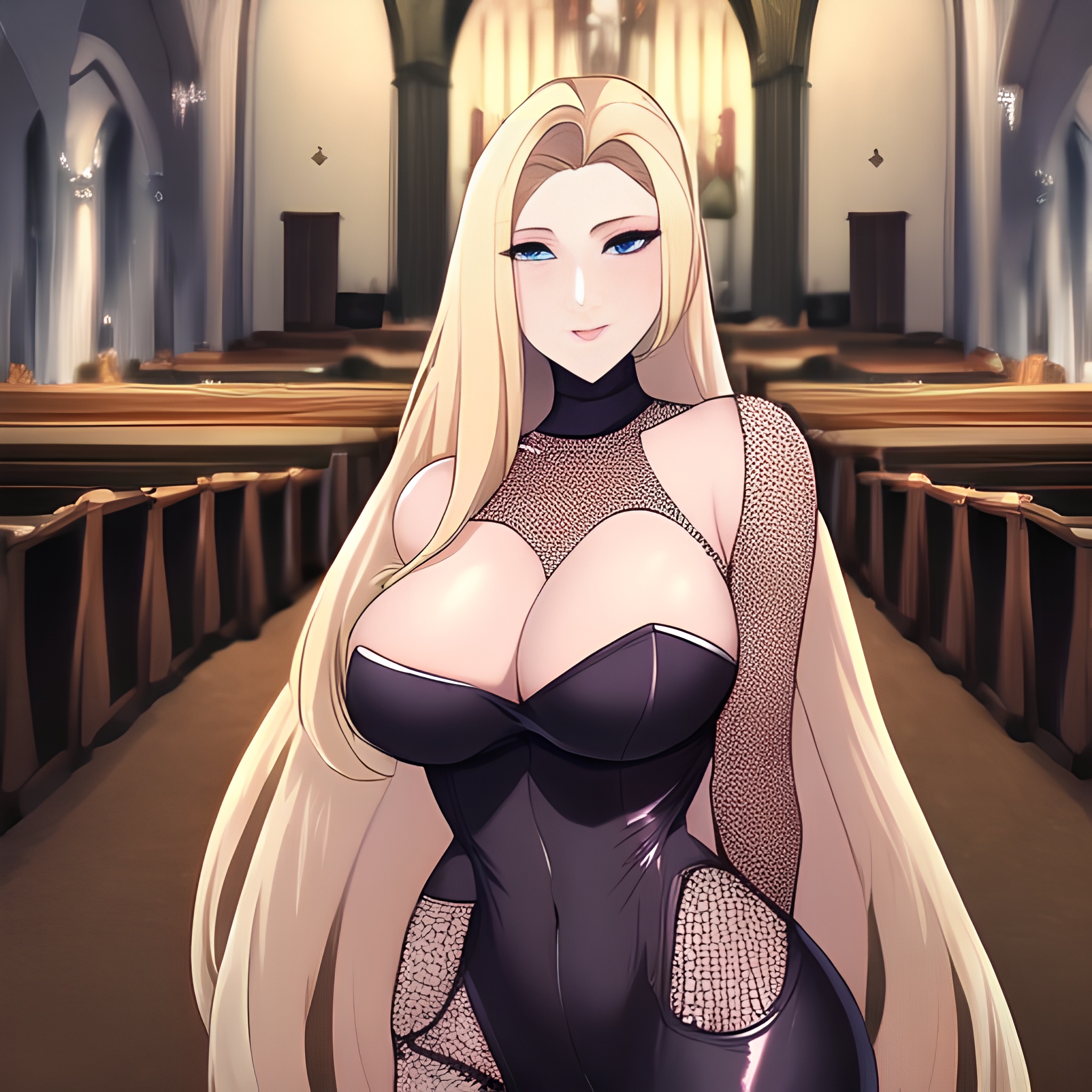 blonde front view nude woman church long hair fishnet small boobs