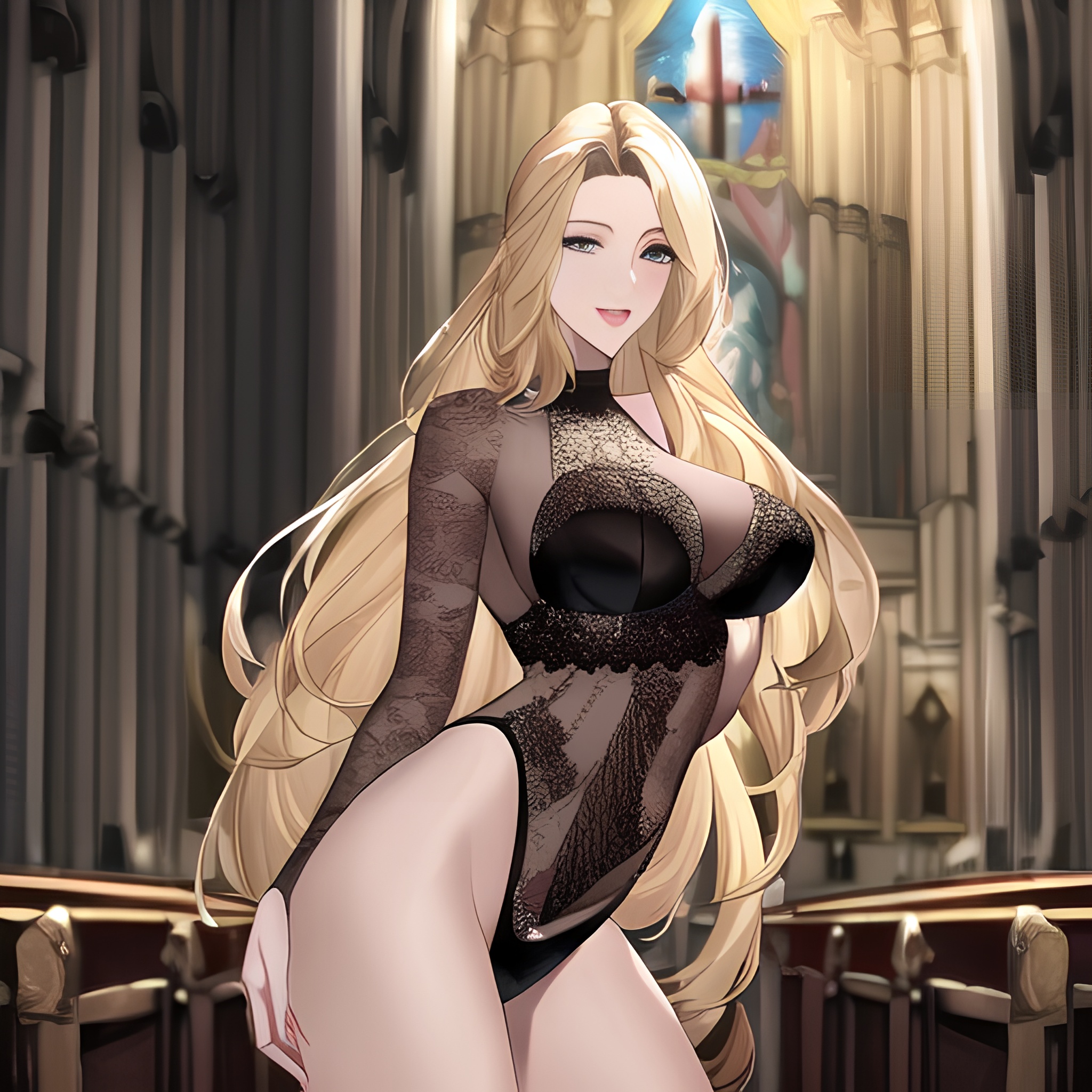 blonde front view small boobs church fishnet woman nude long hair 