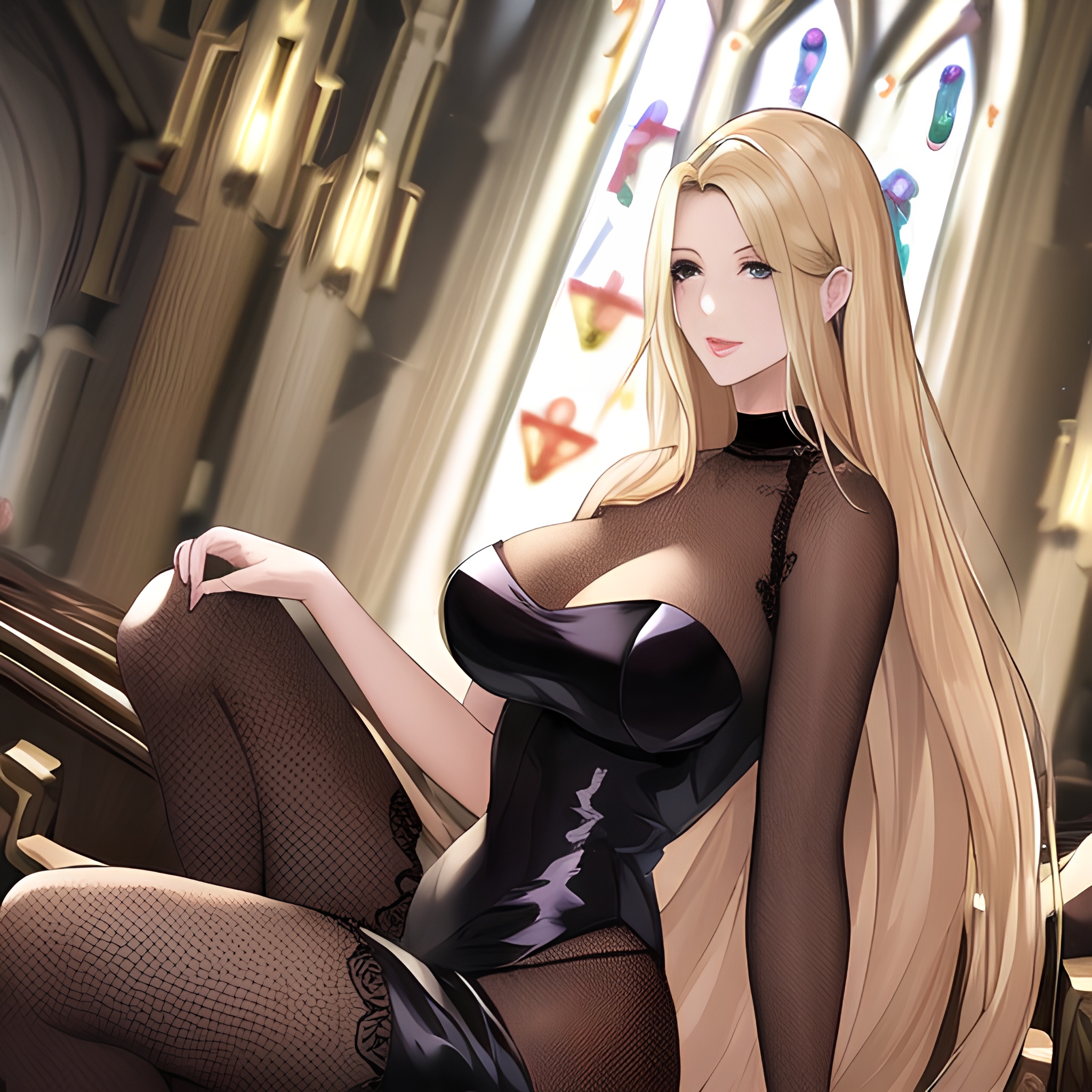blonde front view small boobs fishnet woman long hair nude church
