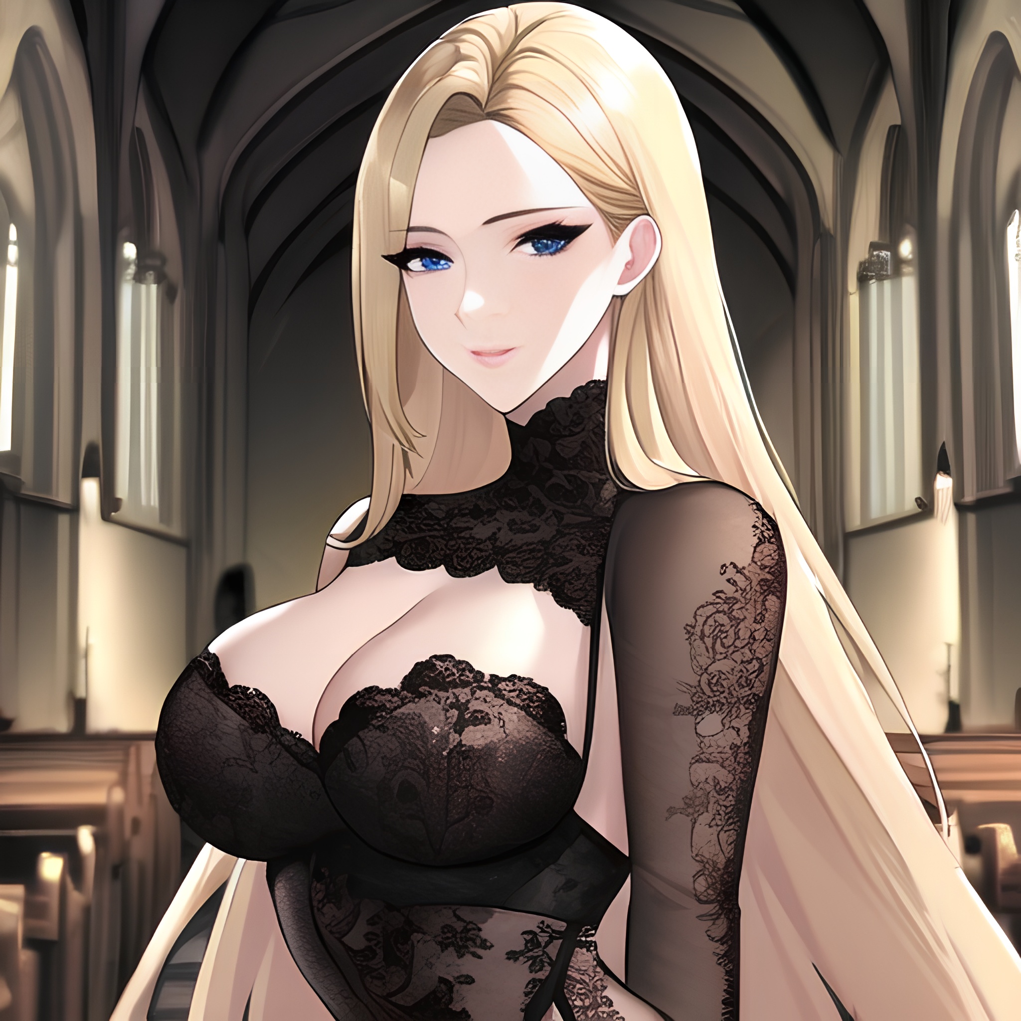 blonde front view small boobs long hair church woman nude fishnet 