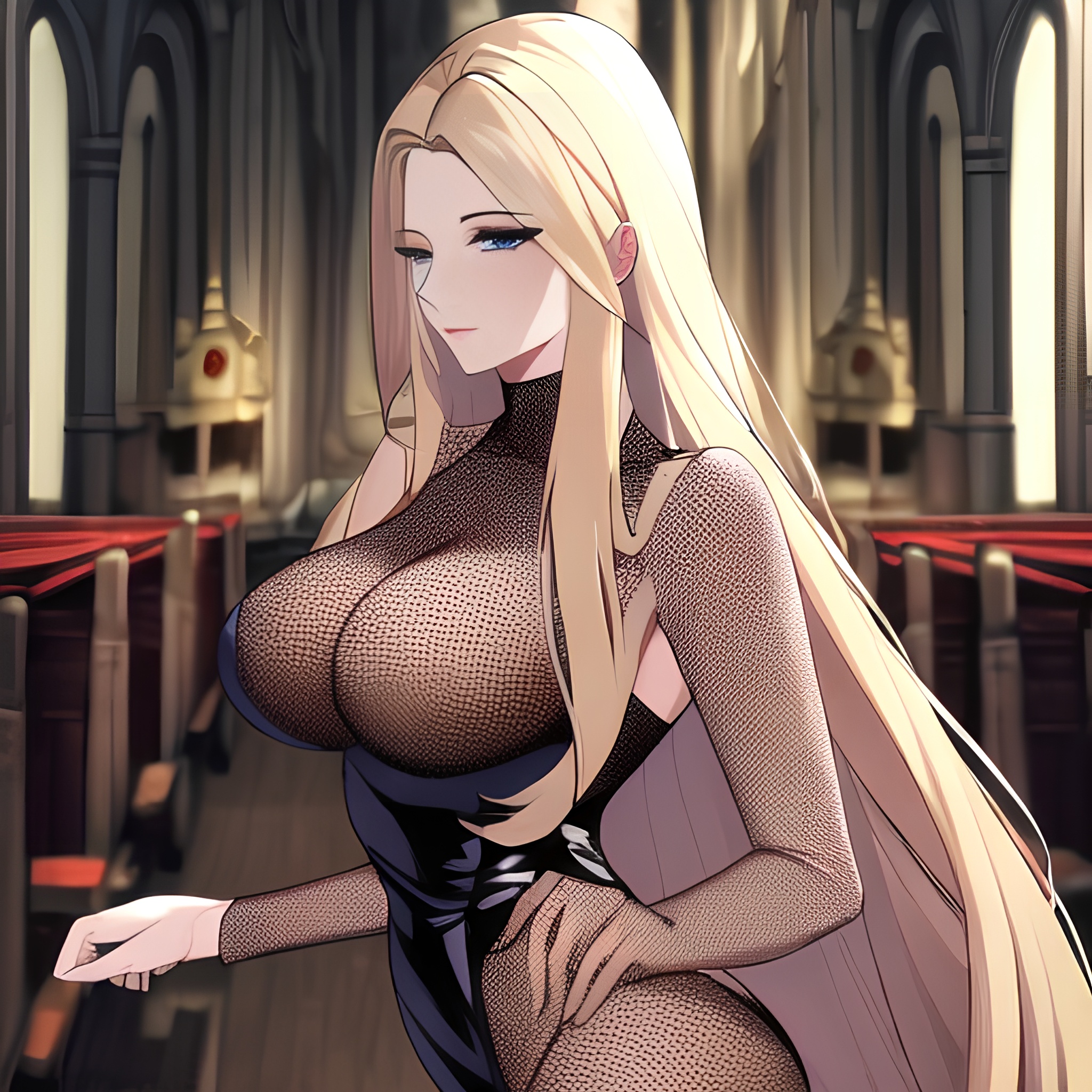 blonde front view small boobs long hair fishnet woman nude church 