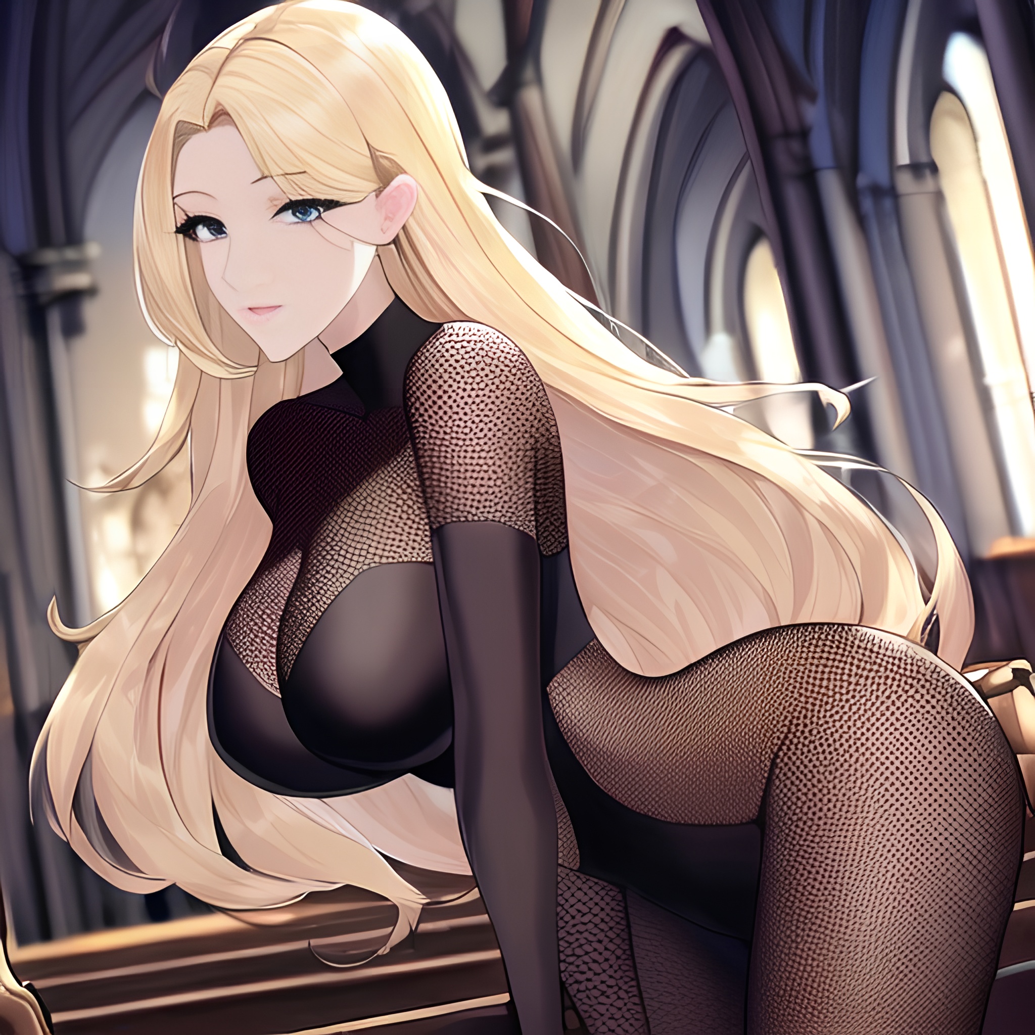 blonde front view small boobs nude fishnet church woman long hair 