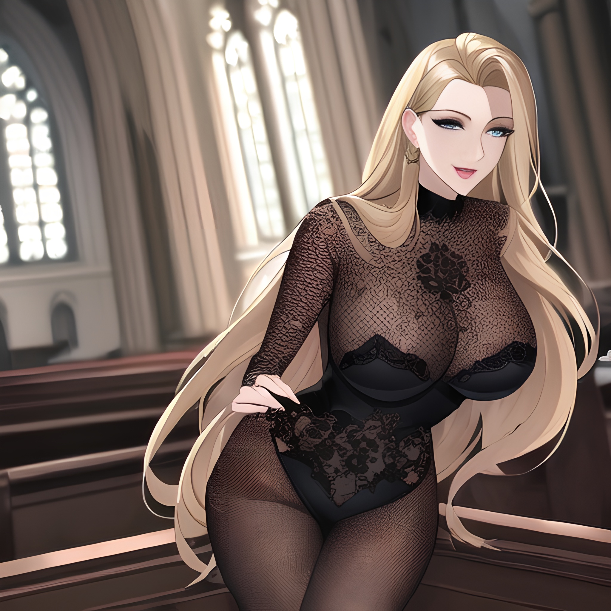 blonde front view small boobs woman church fishnet nude long hair 