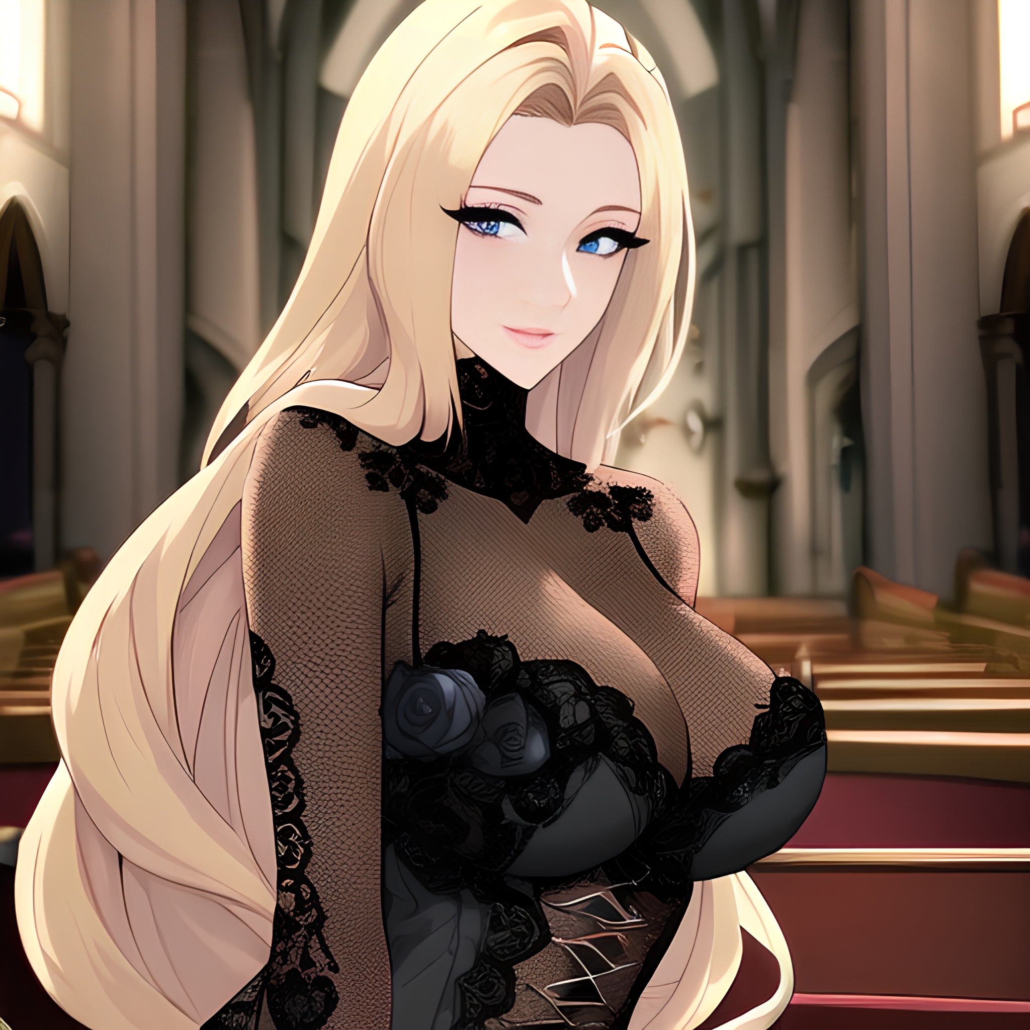 blonde front view small boobs woman church nude fishnet long hair 