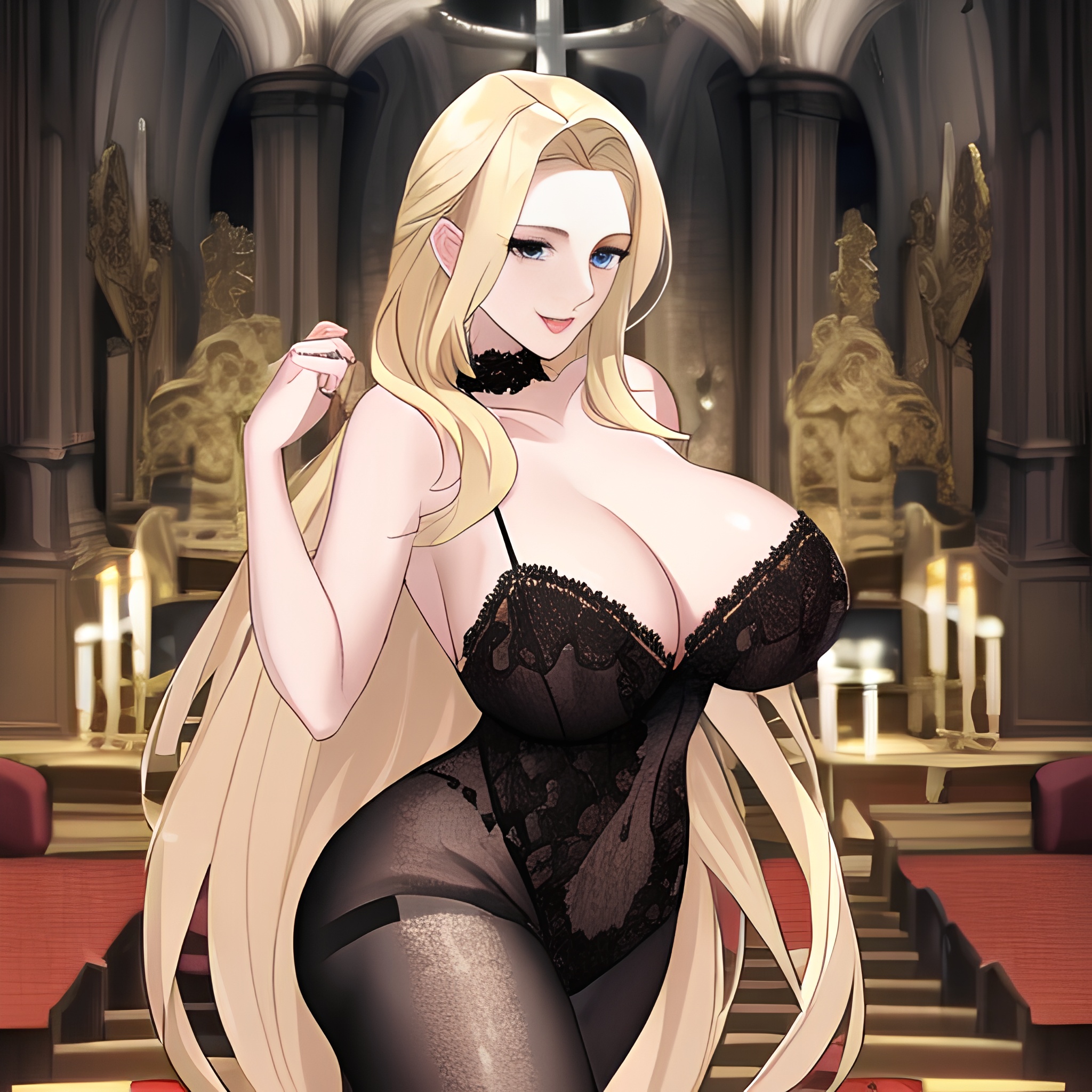 blonde front view woman church fishnet long hair nude small boobs