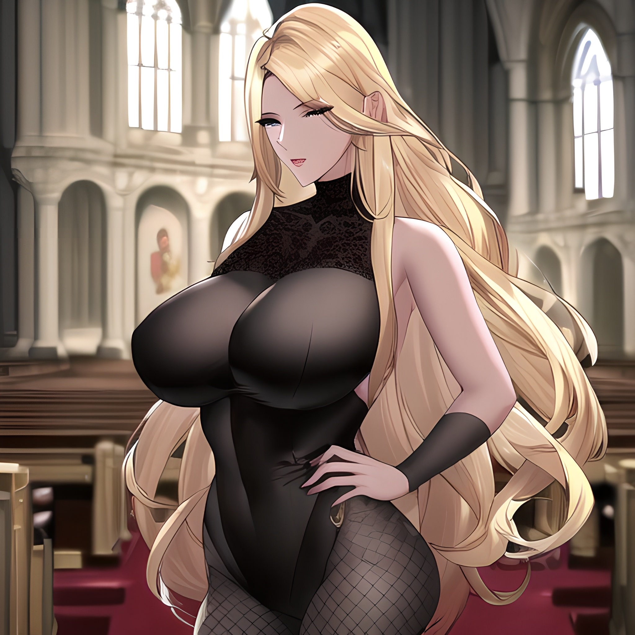 blonde front view woman fishnet nude church long hair small boobs 