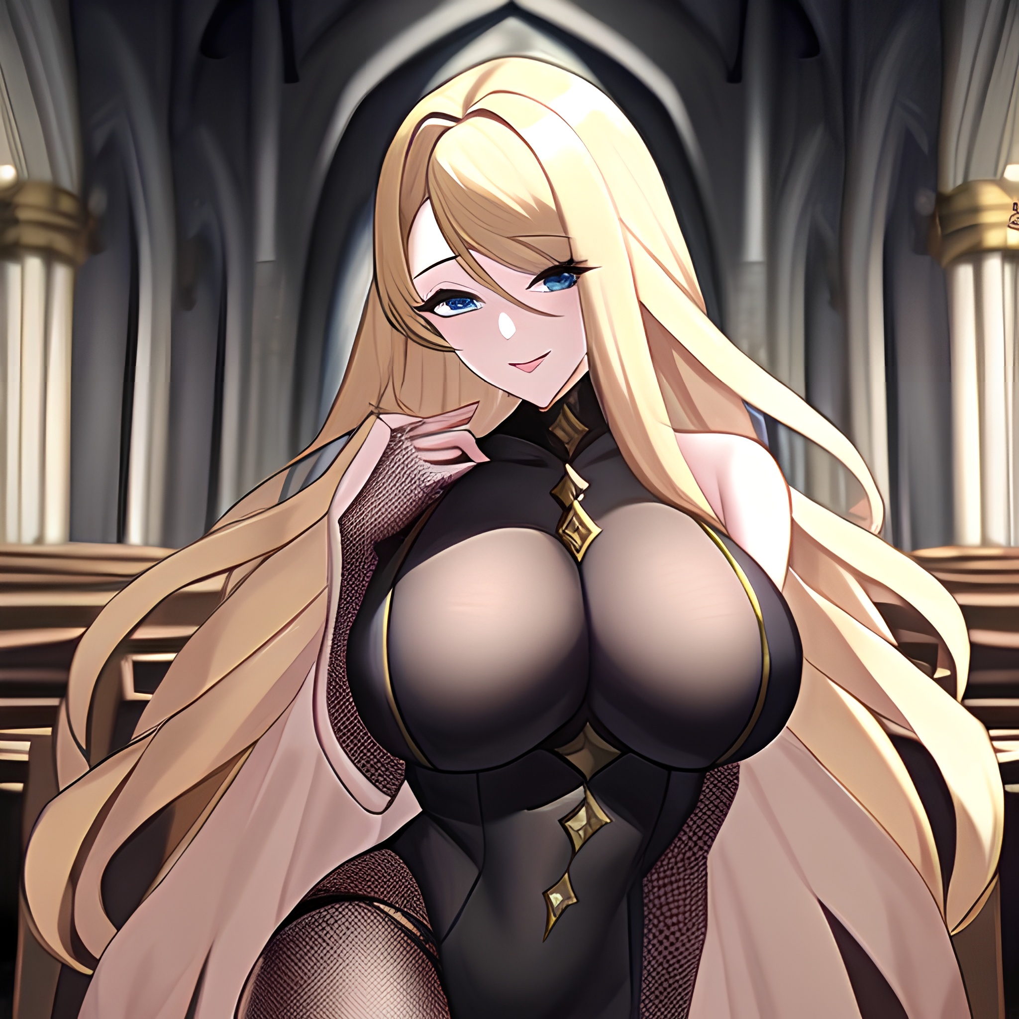 blonde long hair church fishnet woman 