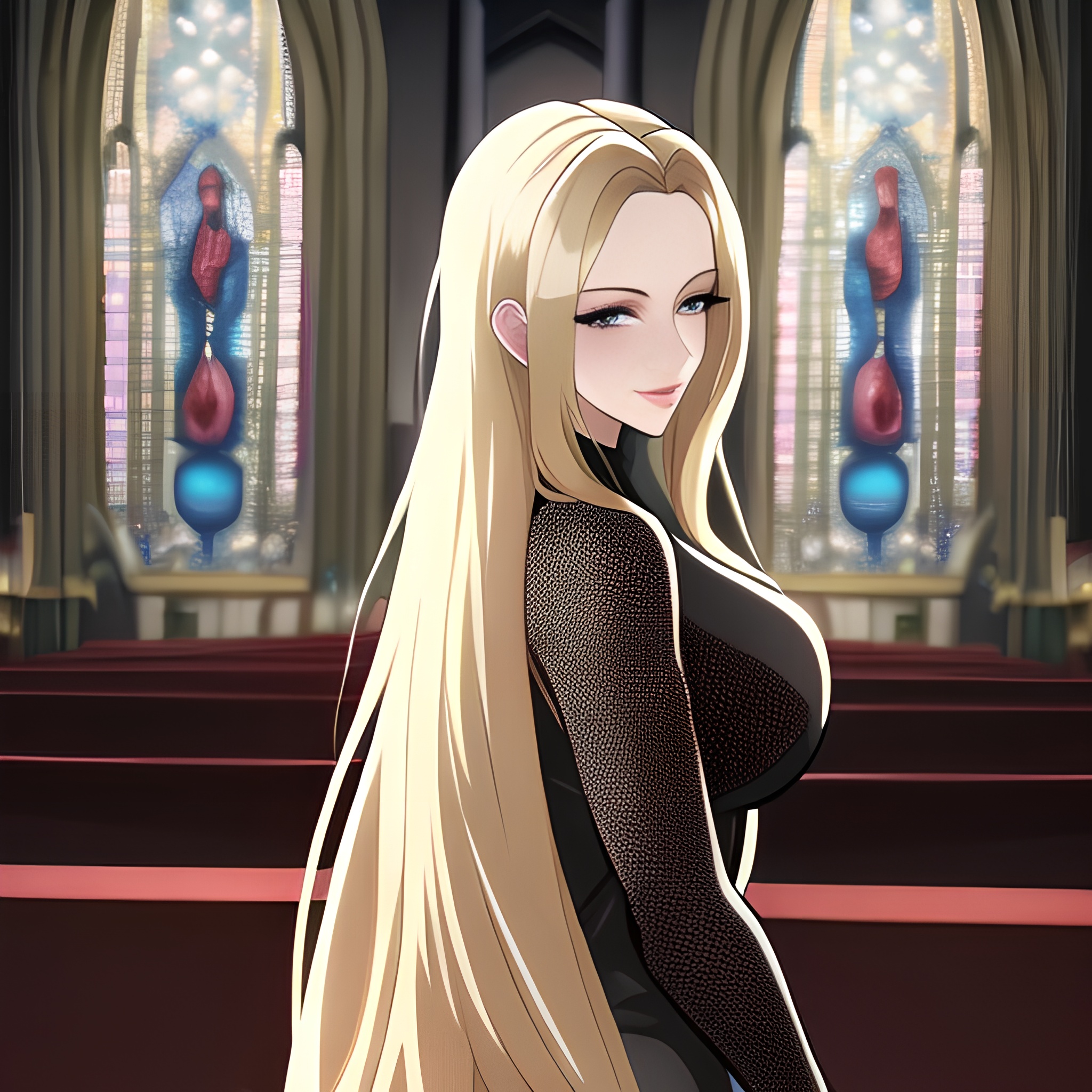 blonde long hair church fishnet woman 