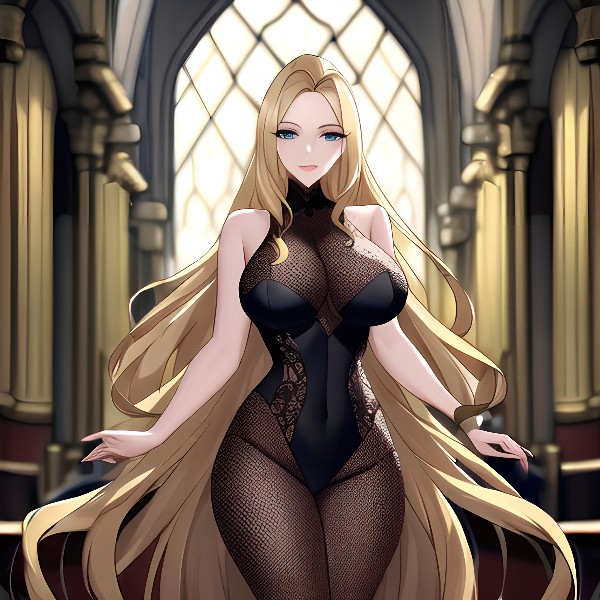 blonde long hair church woman fishnet 