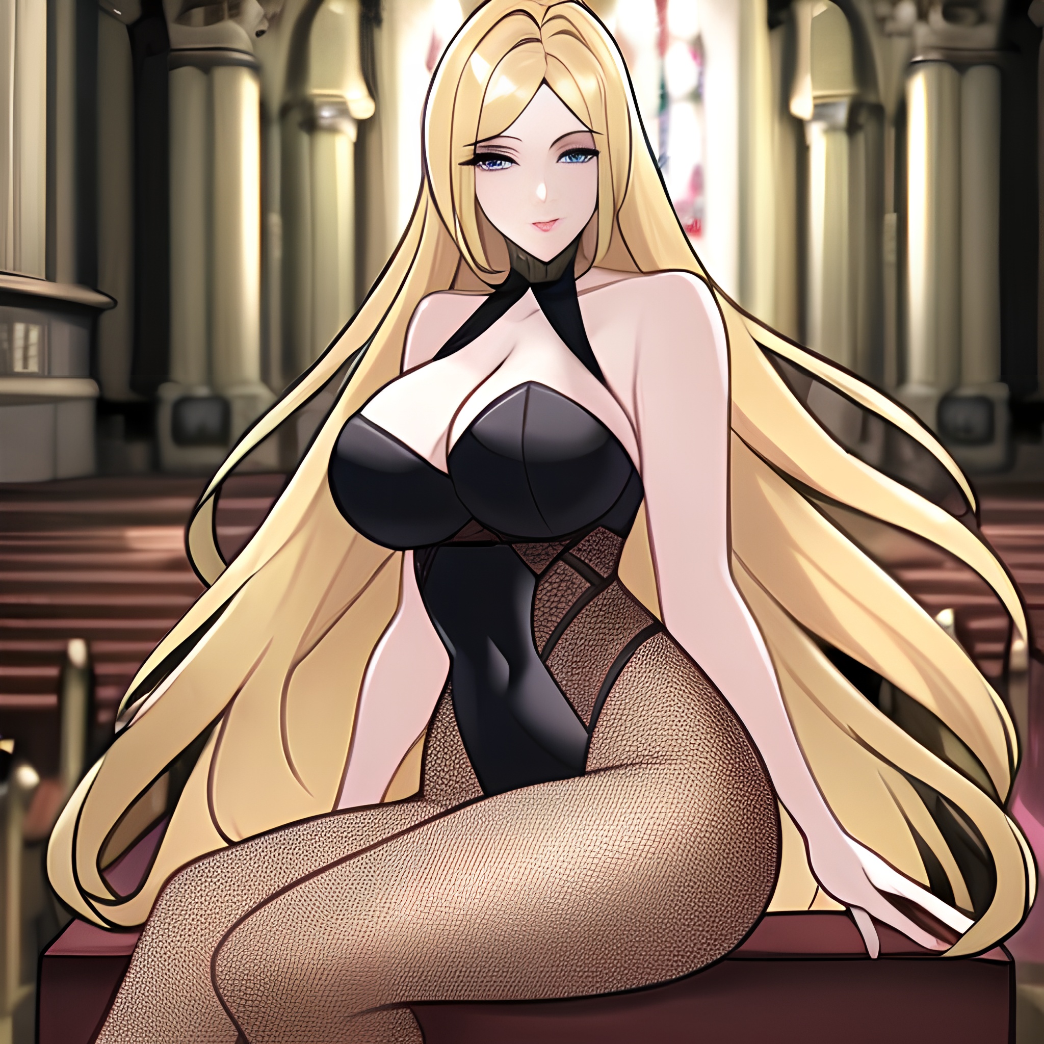 blonde long hair church woman fishnet 