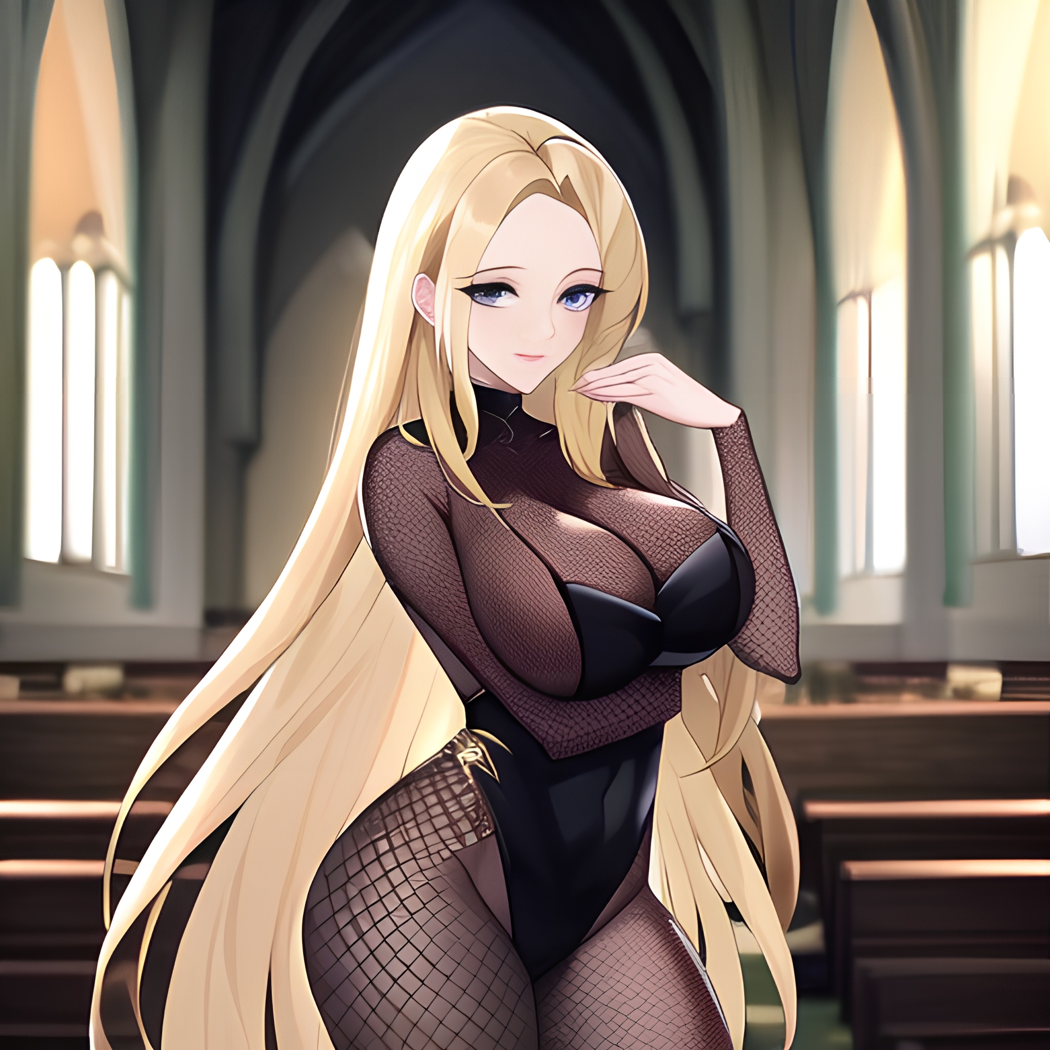 blonde long hair church woman fishnet 