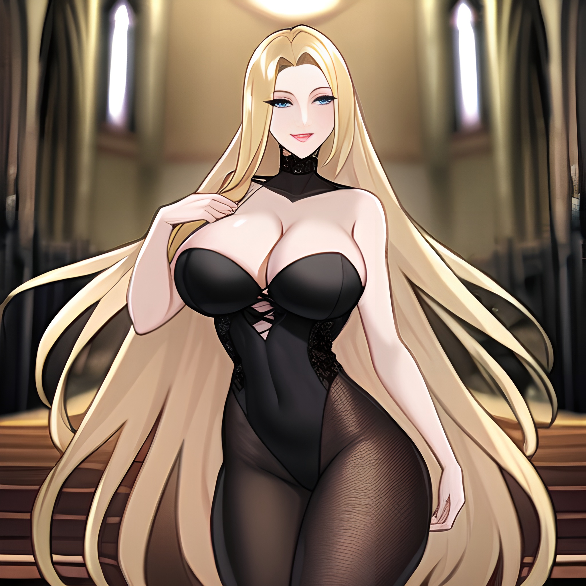 blonde long hair church woman fishnet 