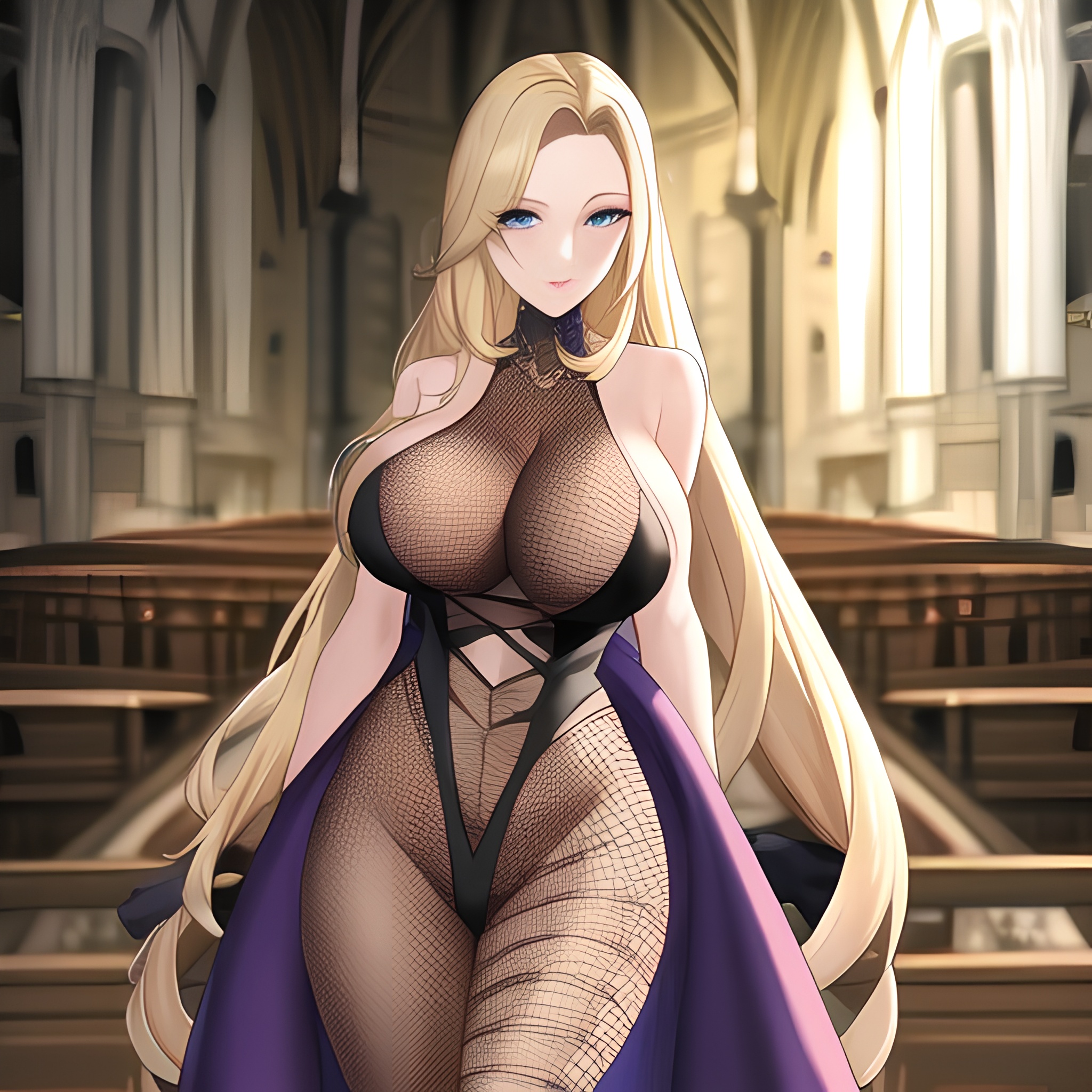 blonde long hair church woman fishnet 