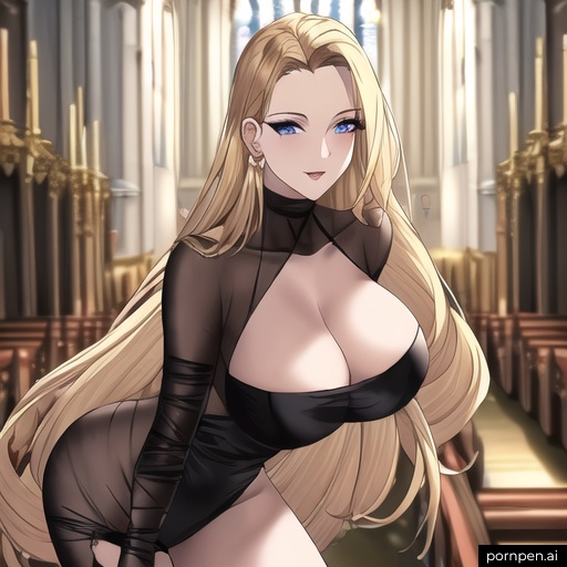 blonde long hair fishnet church small boobs nude woman front view 