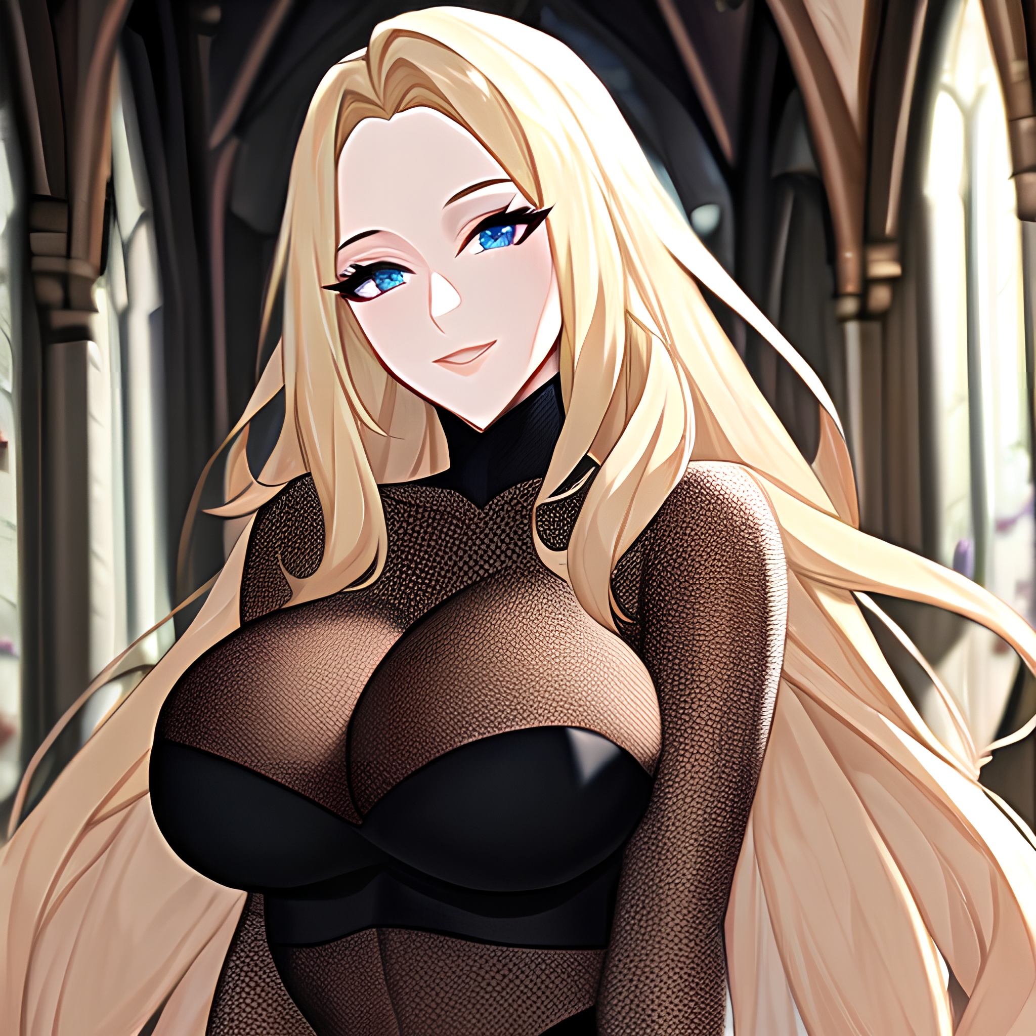 blonde long hair fishnet church woman 