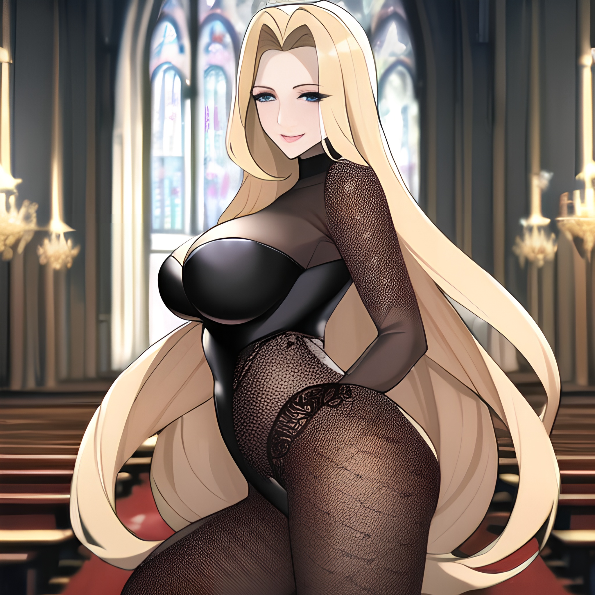 blonde long hair fishnet church woman small boobs nude front view 