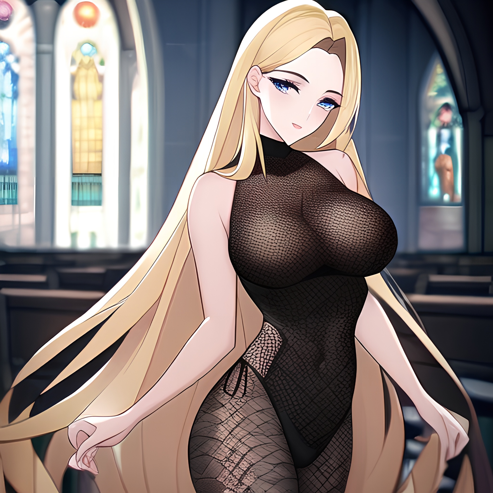 blonde long hair fishnet church woman 