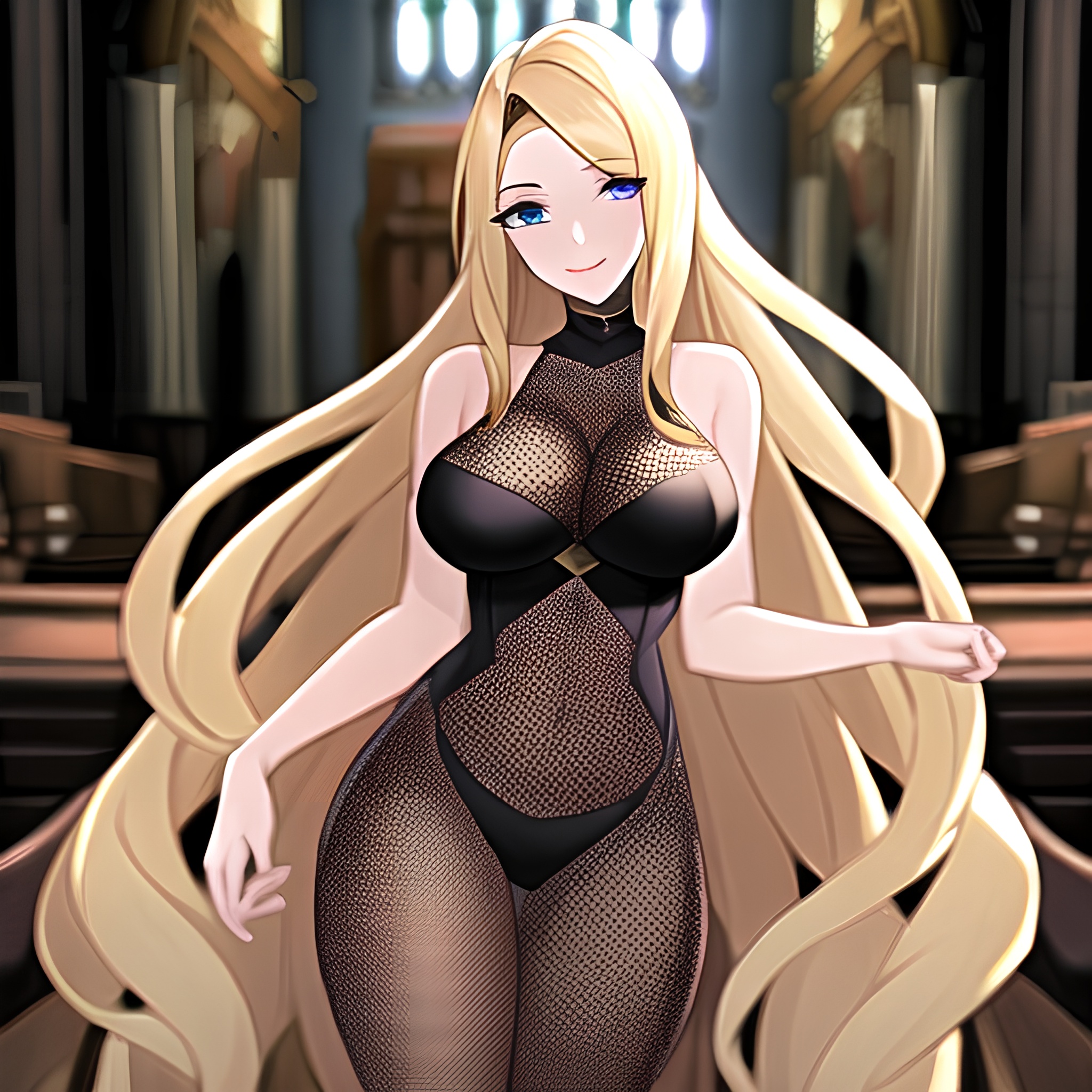 blonde long hair fishnet woman church 