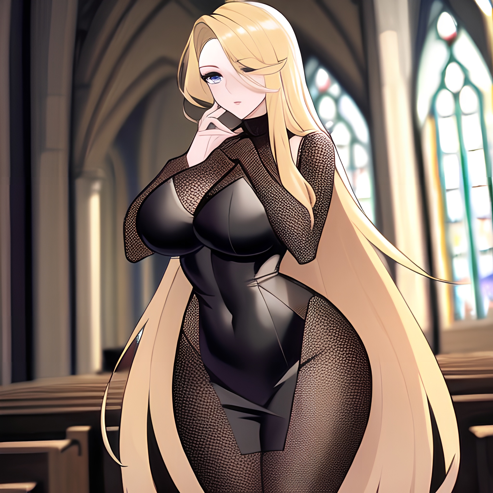 blonde long hair fishnet woman church 