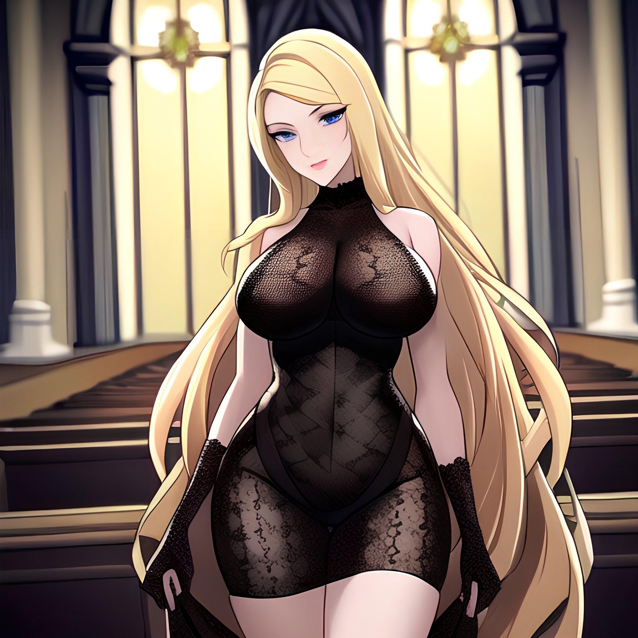 blonde long hair fishnet woman church 