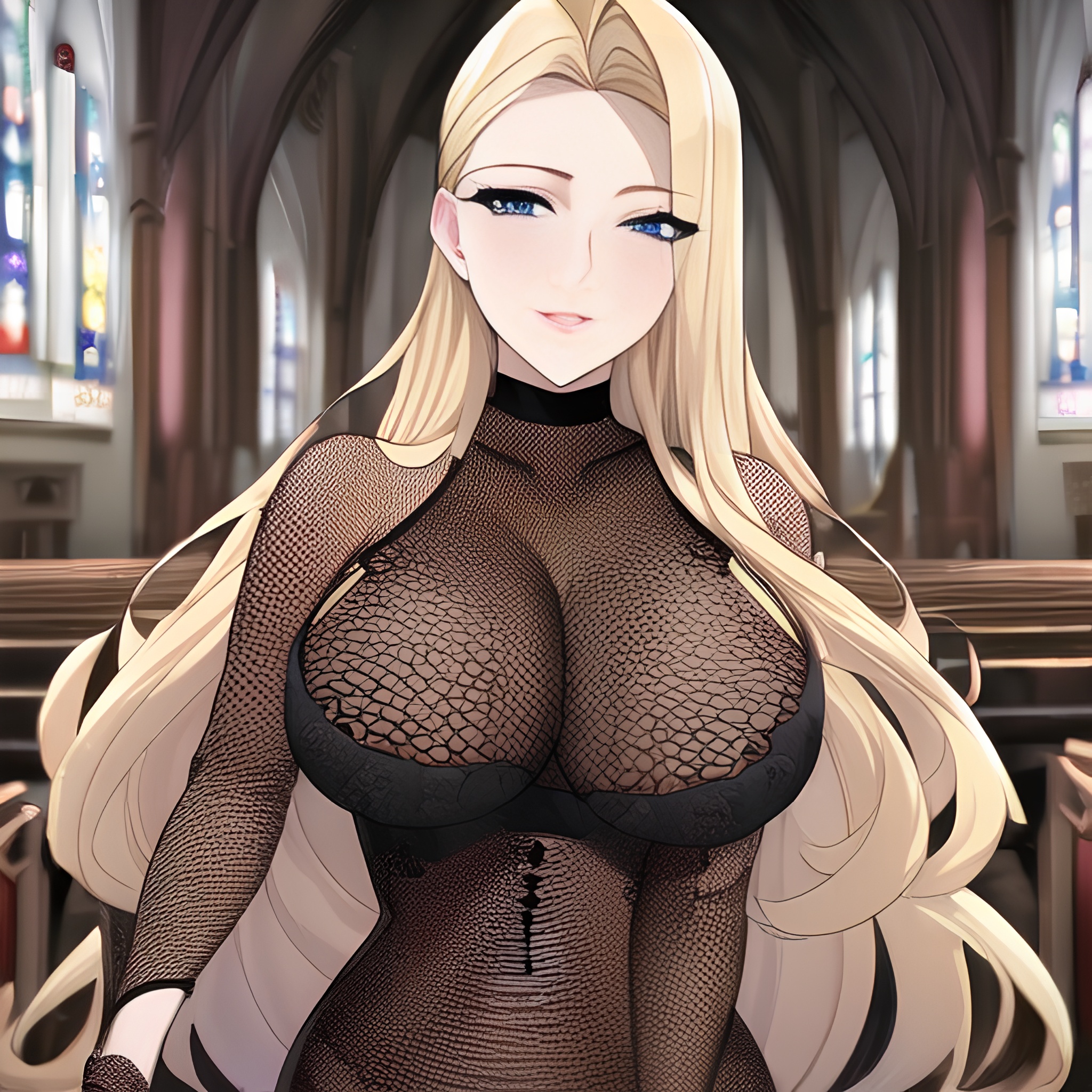 blonde long hair front view small boobs fishnet nude church woman 