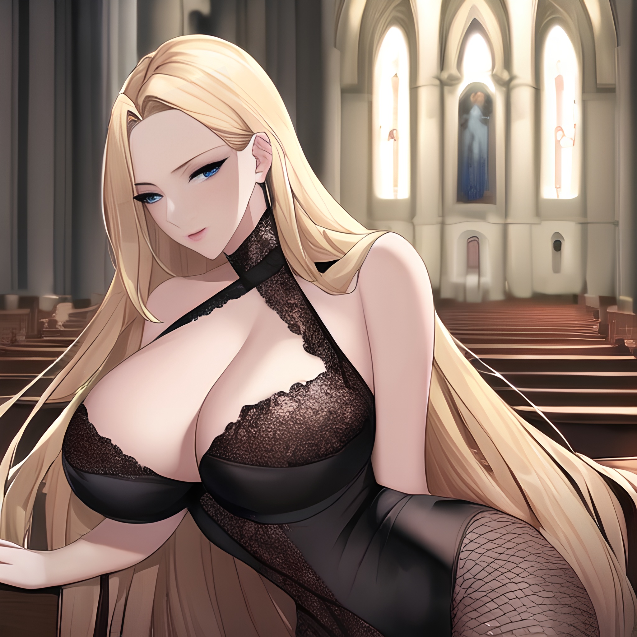blonde long hair front view woman church small boobs fishnet nude