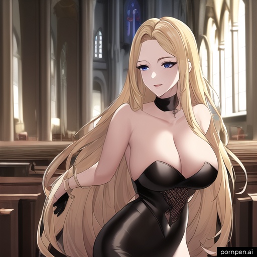 blonde long hair small boobs front view nude woman church fishnet 