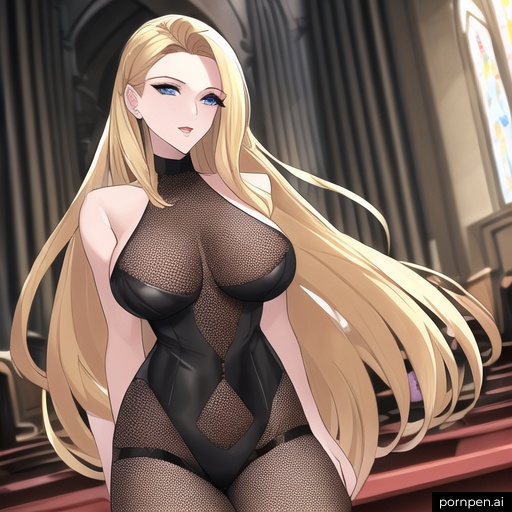 blonde long hair small boobs nude fishnet church woman front view 