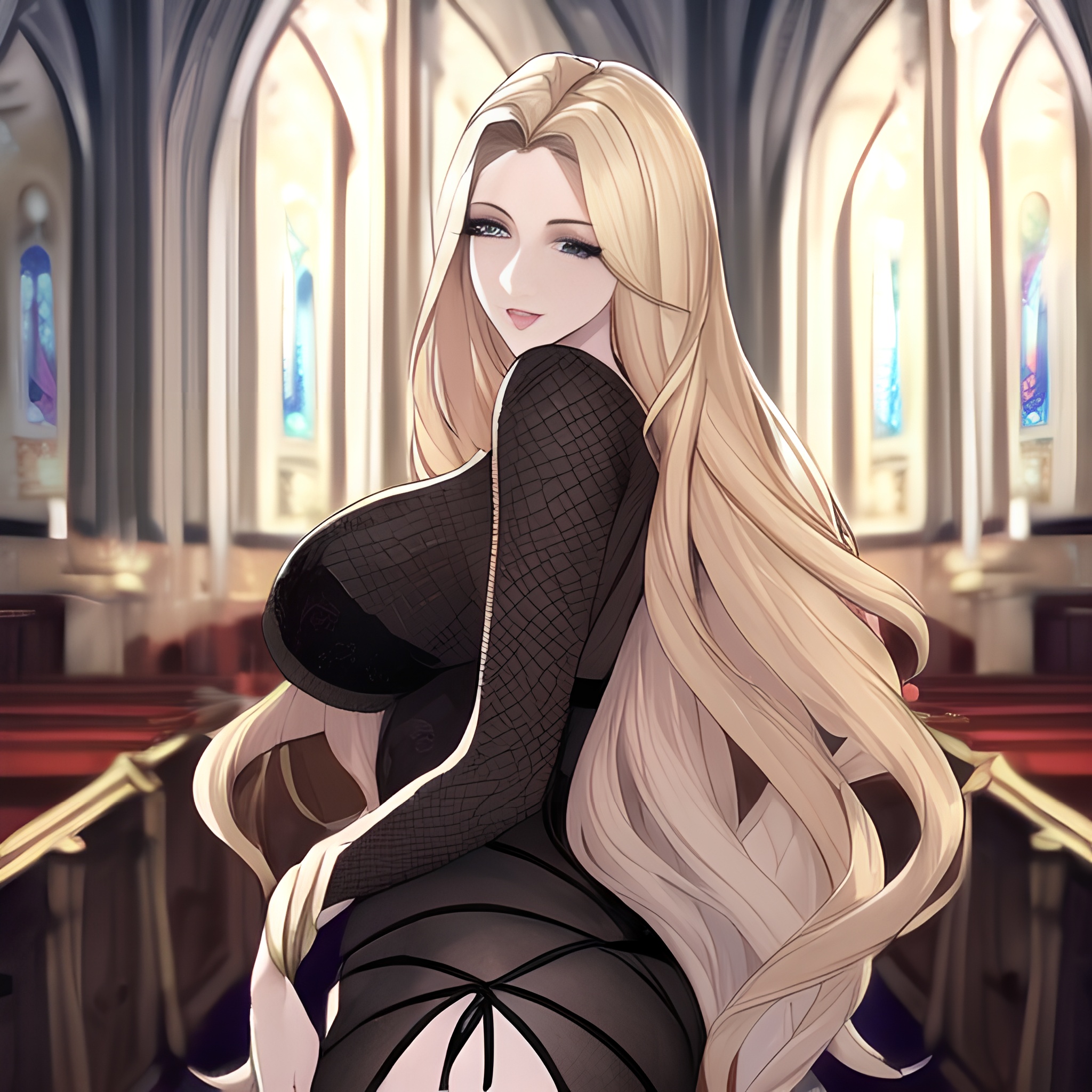 blonde long hair small boobs woman fishnet nude church front view 