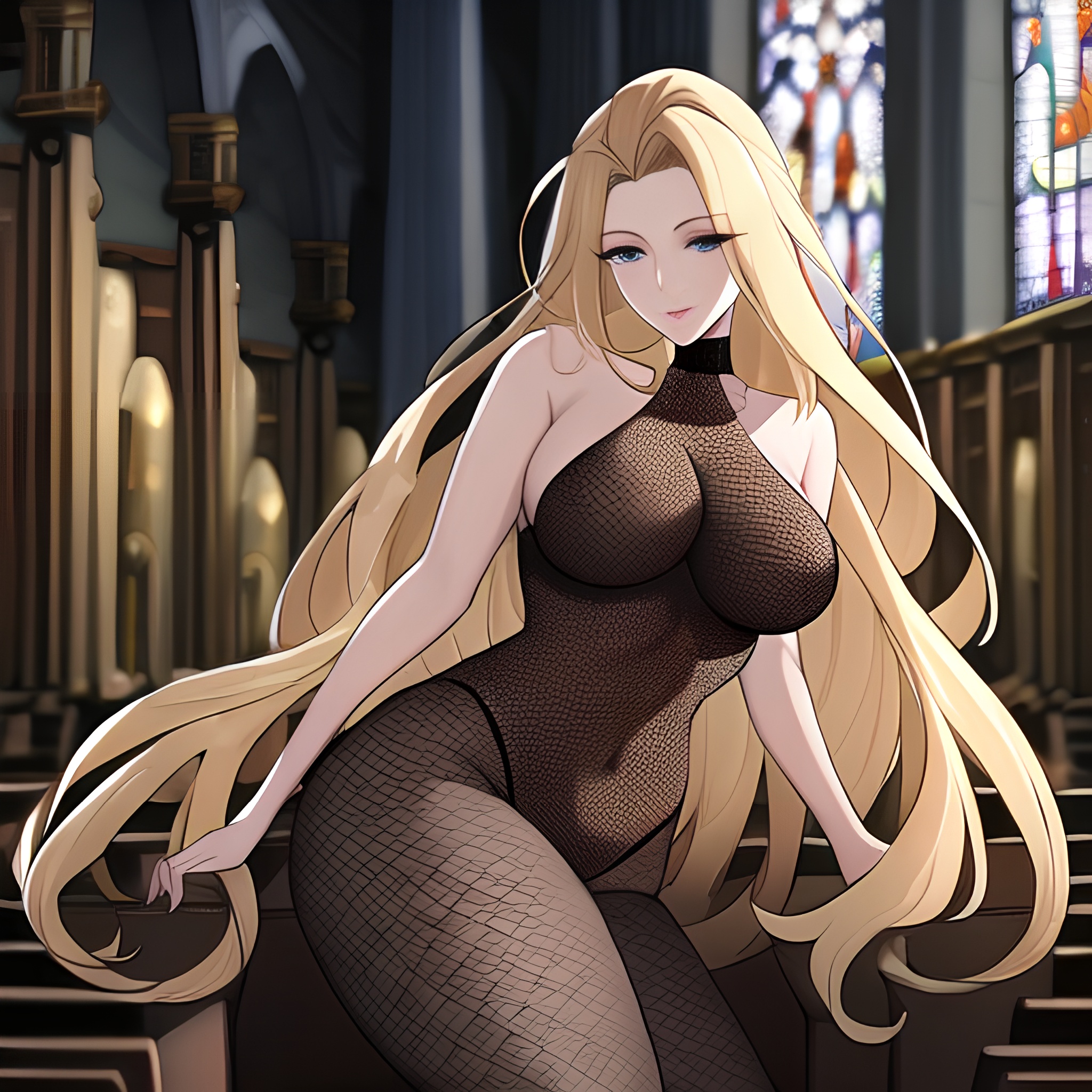blonde long hair woman church fishnet