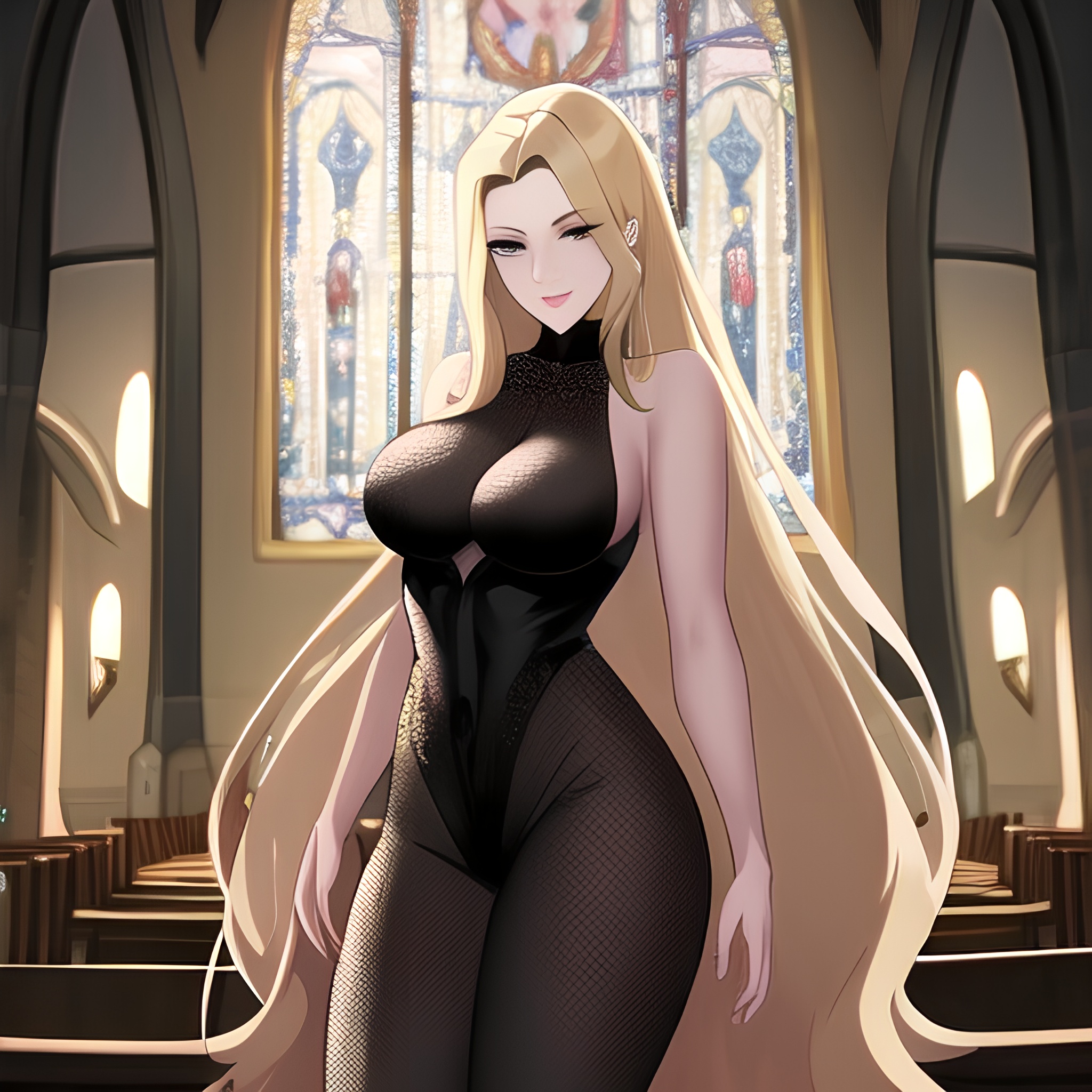 blonde long hair woman church fishnet