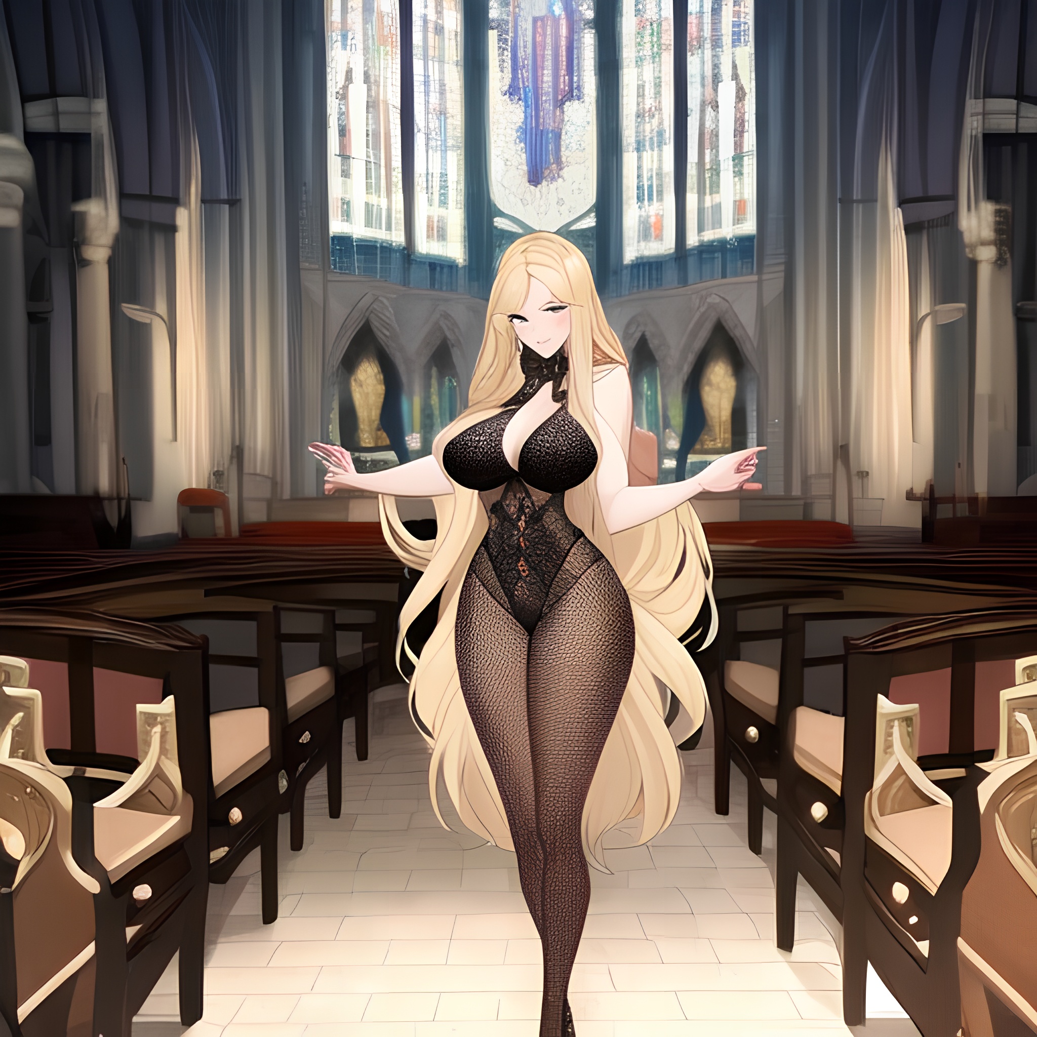 blonde long hair woman church fishnet 