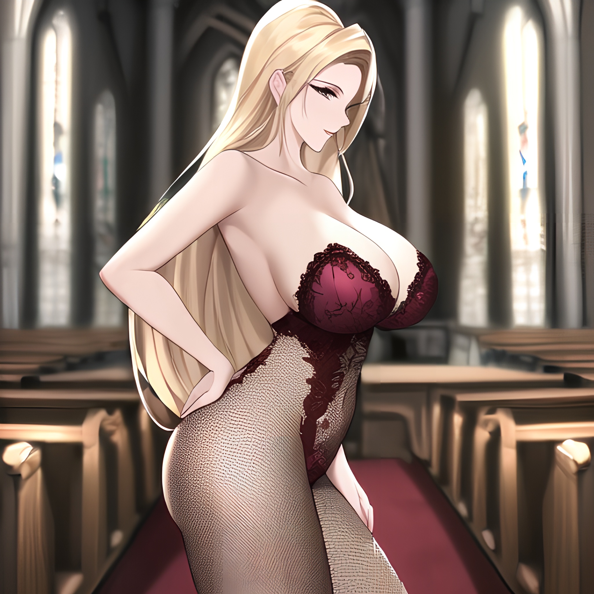 blonde long hair woman church front view fishnet small boobs nude 