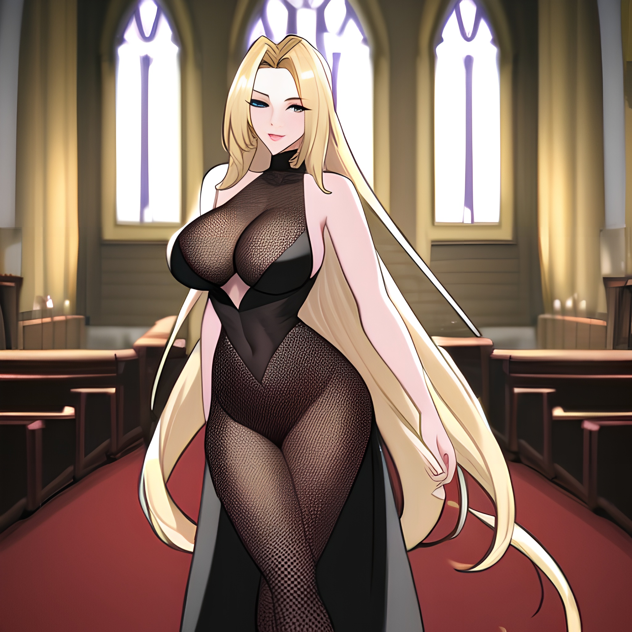 blonde long hair woman fishnet church 