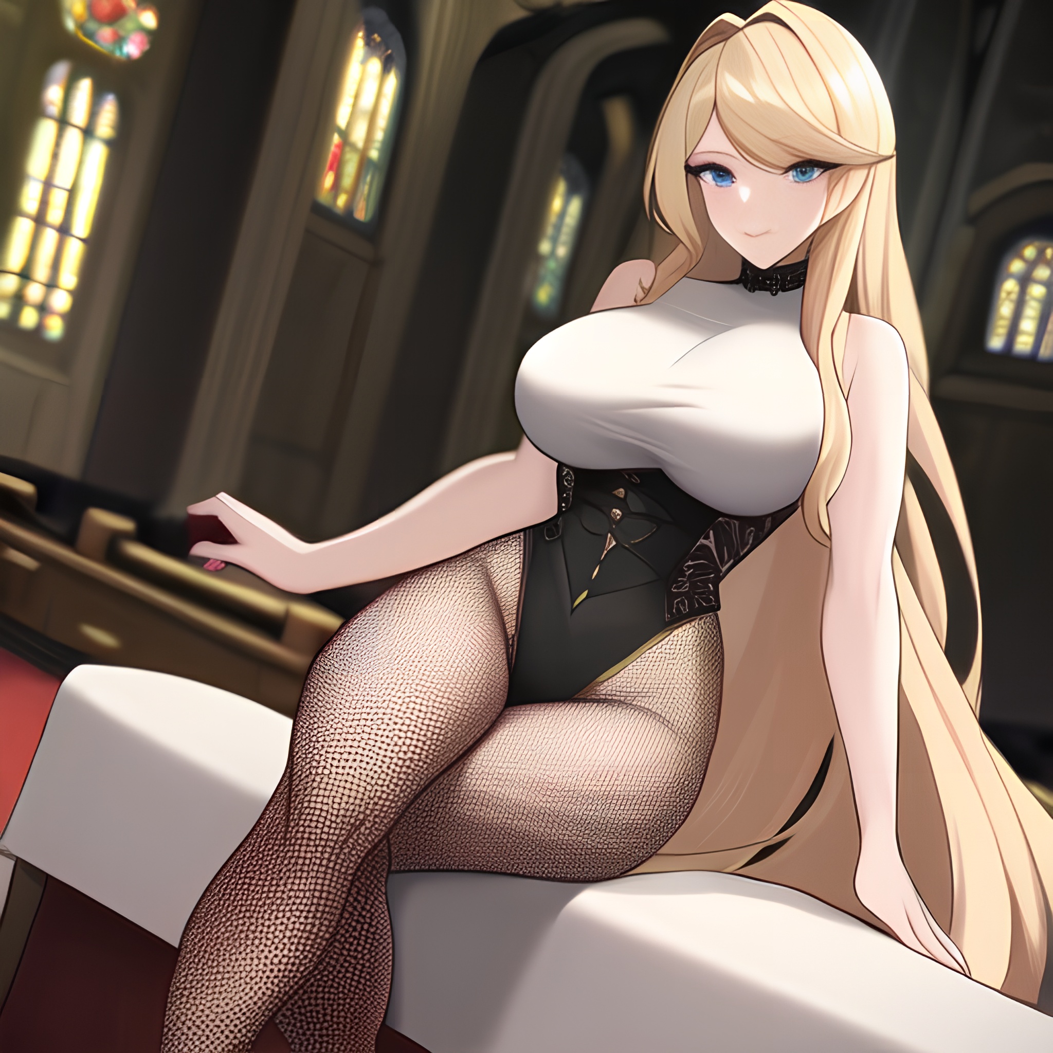 blonde long hair woman fishnet church 