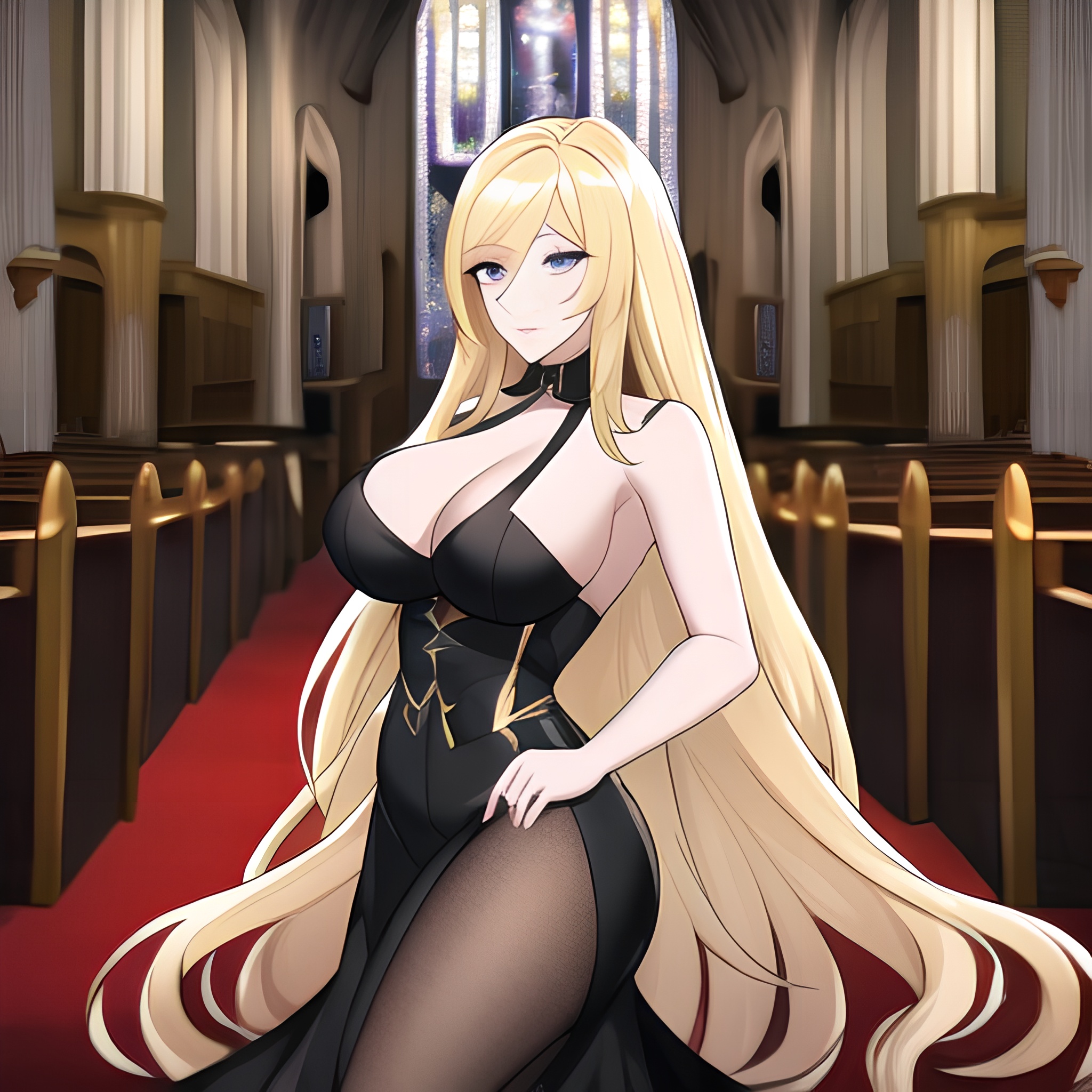 blonde long hair woman fishnet church 